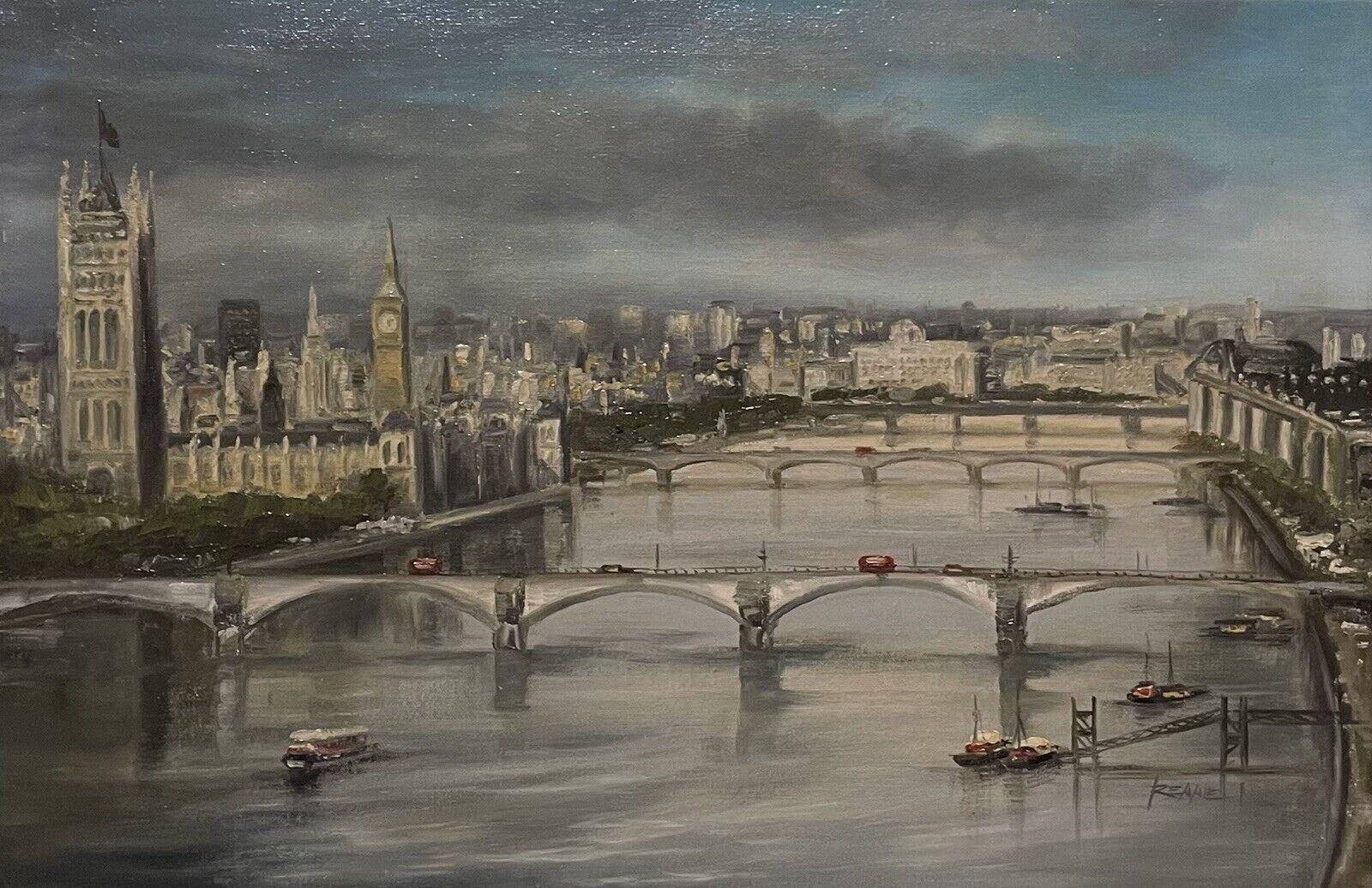 British School Landscape Painting - The River Thames London Skyline, Houses of Parliament & Big Ben, signed oil 