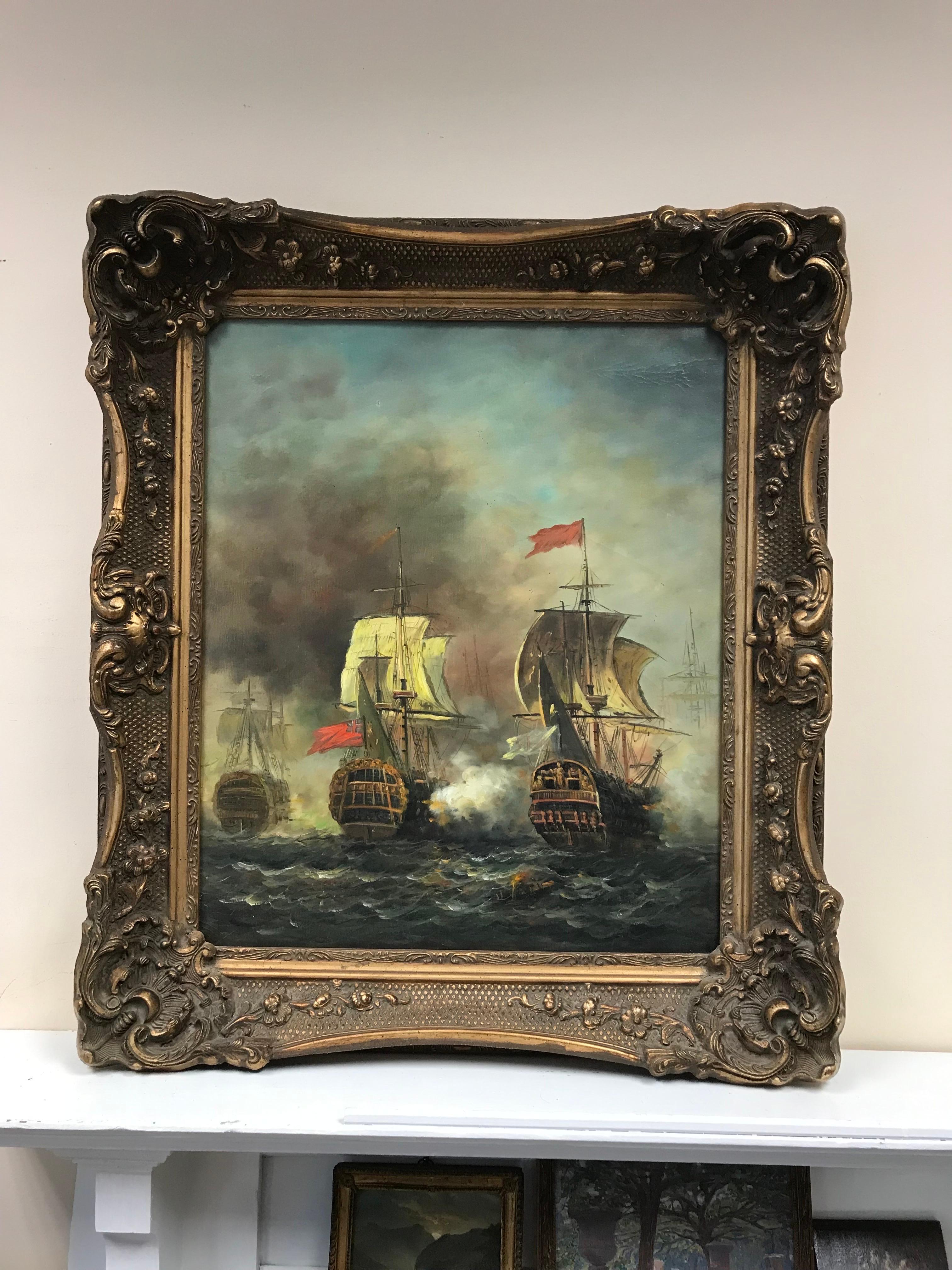 Classic Naval Maritime Battle Scene Napoleonic War Ships at Sea, Large Oil  - Painting by British School