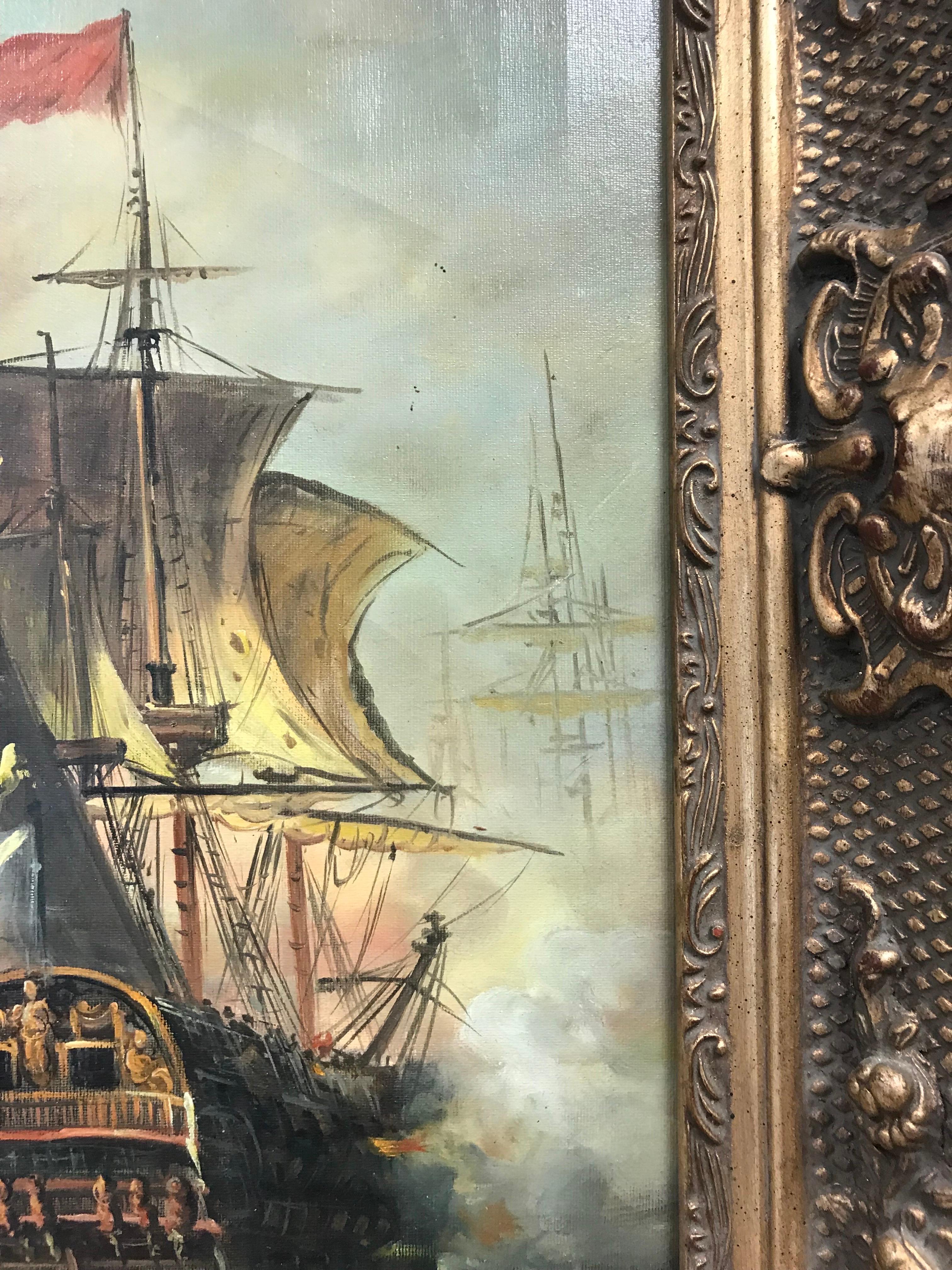 Classic Naval Maritime Battle Scene Napoleonic War Ships at Sea, Large Oil - Old Masters Painting by British School