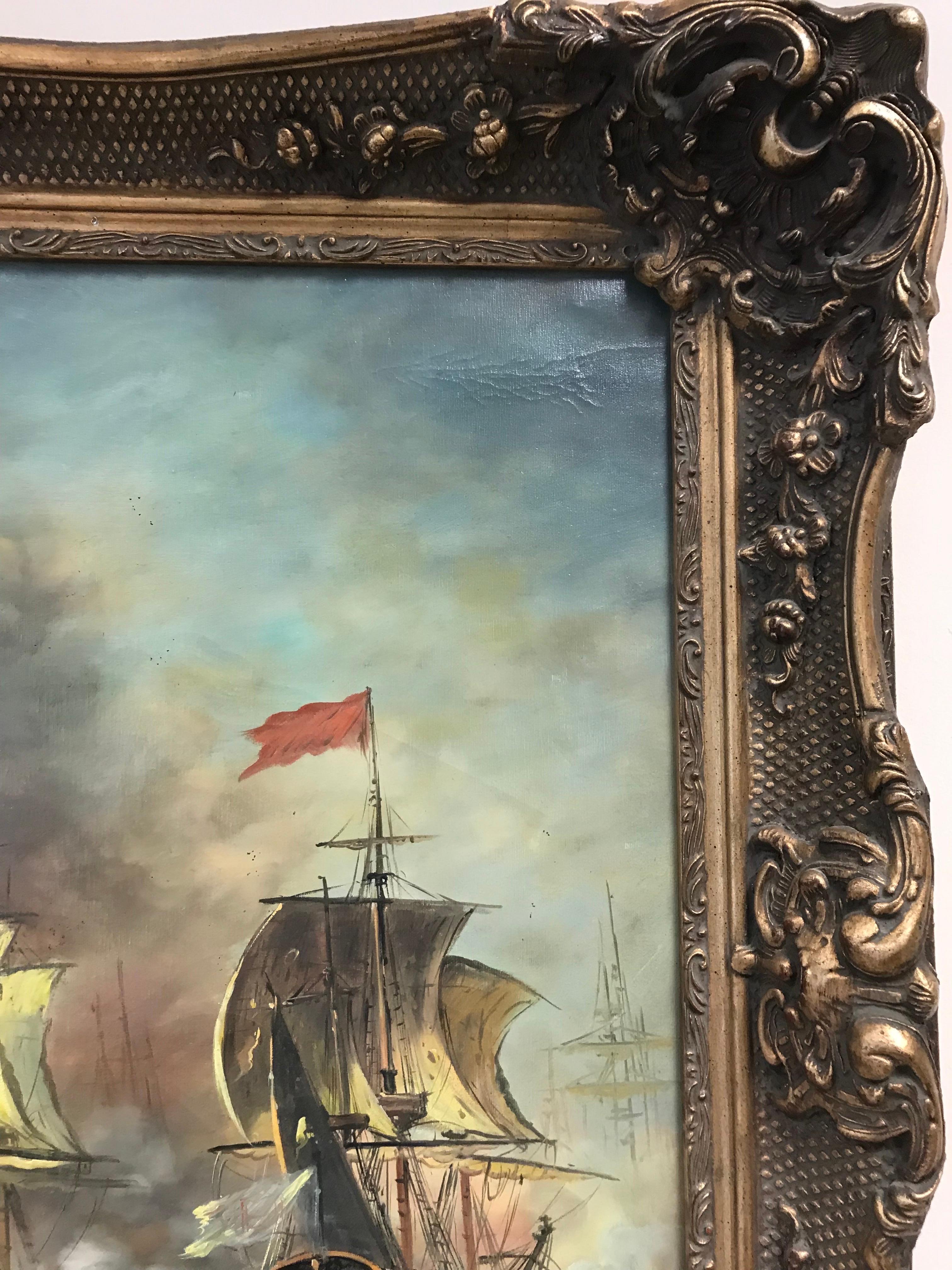 Artist/ School: British School, 20th century

Title: Naval battle engagement. The ships look to be from the Napoleonic Wars era. Presented in substantial swept gilt frame. 

Medium:  oil on canvas, framed

Size:

framed: 31 x 27 inches
canvas: 24 x