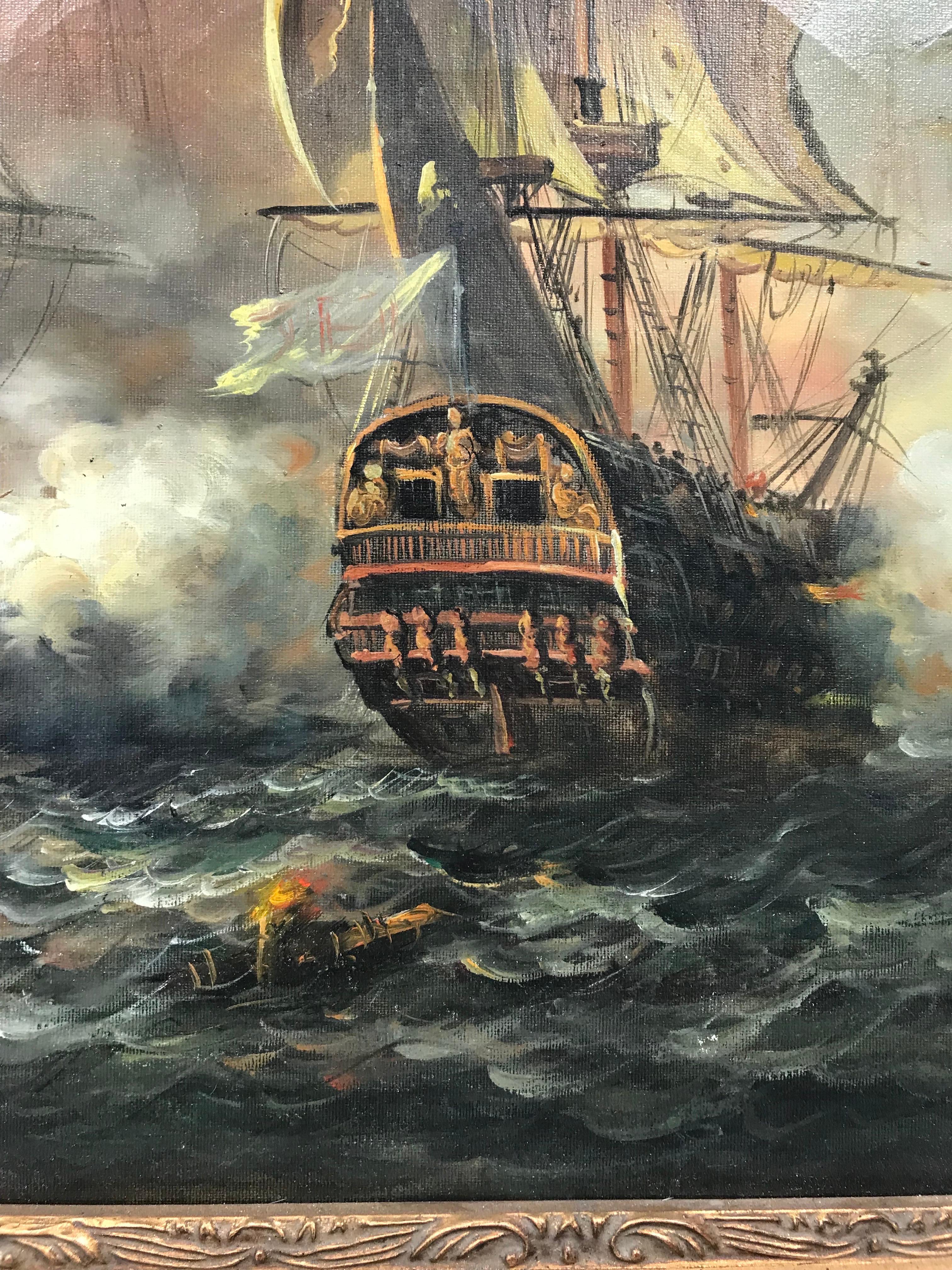Classic Naval Maritime Battle Scene Napoleonic War Ships at Sea, Large Oil  1