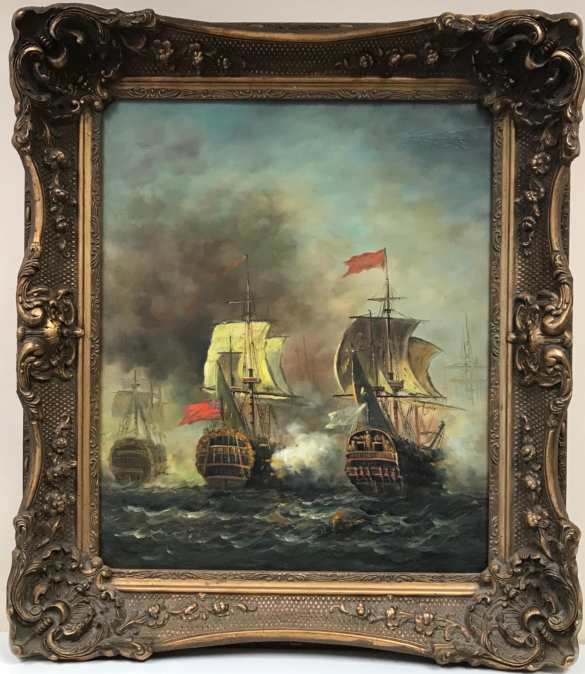 British School Landscape Painting - Classic Naval Maritime Battle Scene Napoleonic War Ships at Sea, Large Oil 