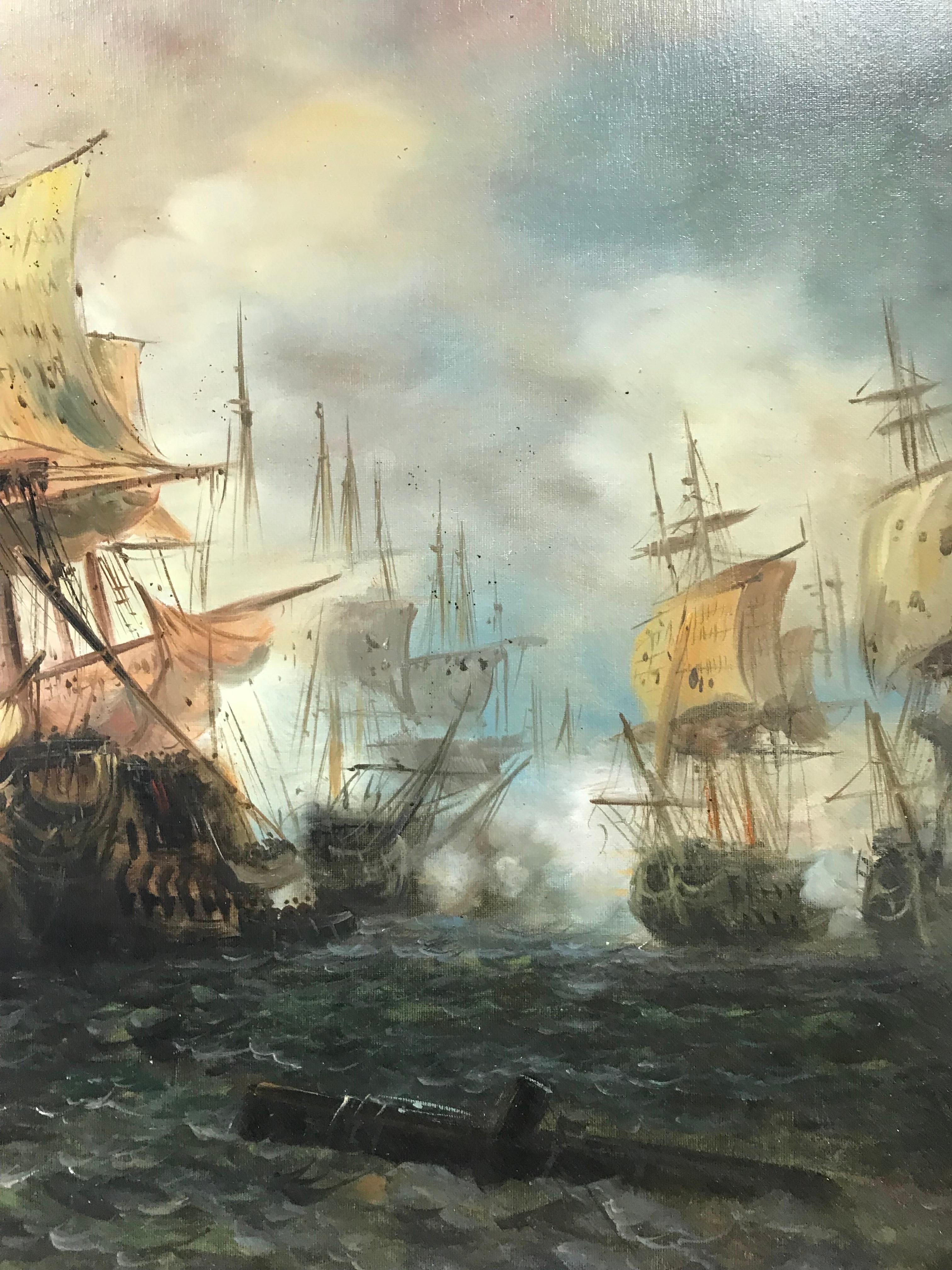 Dramatic Naval Battle at Sea, Marine Oil Painting Impressive Gilt Swept Frame - Black Landscape Painting by British School