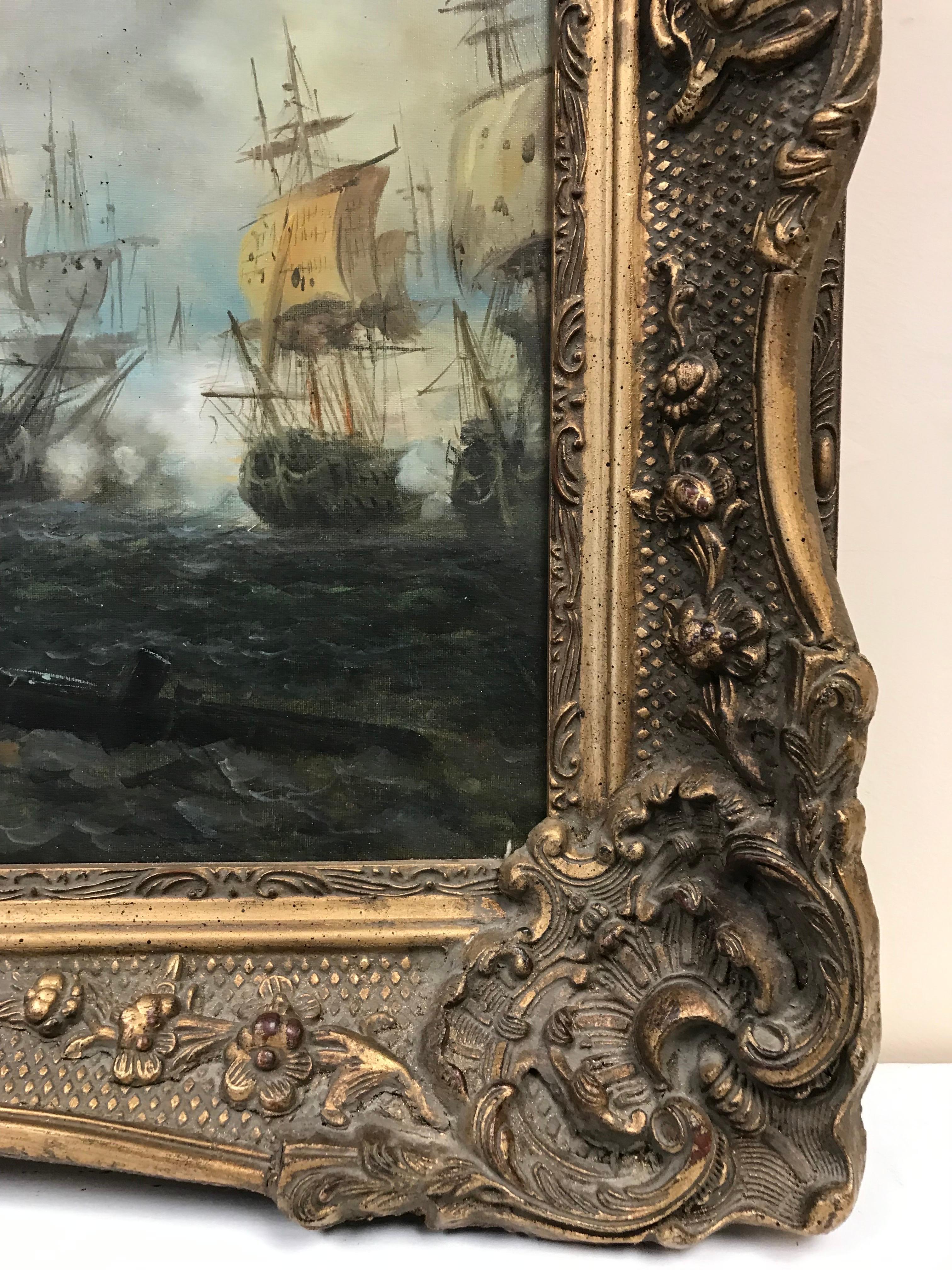 Artist/ School: British School, 20th century

Title: The Naval Engagment. Dramatic sea battle believed to depict ships from the Napoleonic Wars era (possibly Battle of Trafalgar?). 

Medium:  oil on canvas, framed in an impressive gilt swept frame