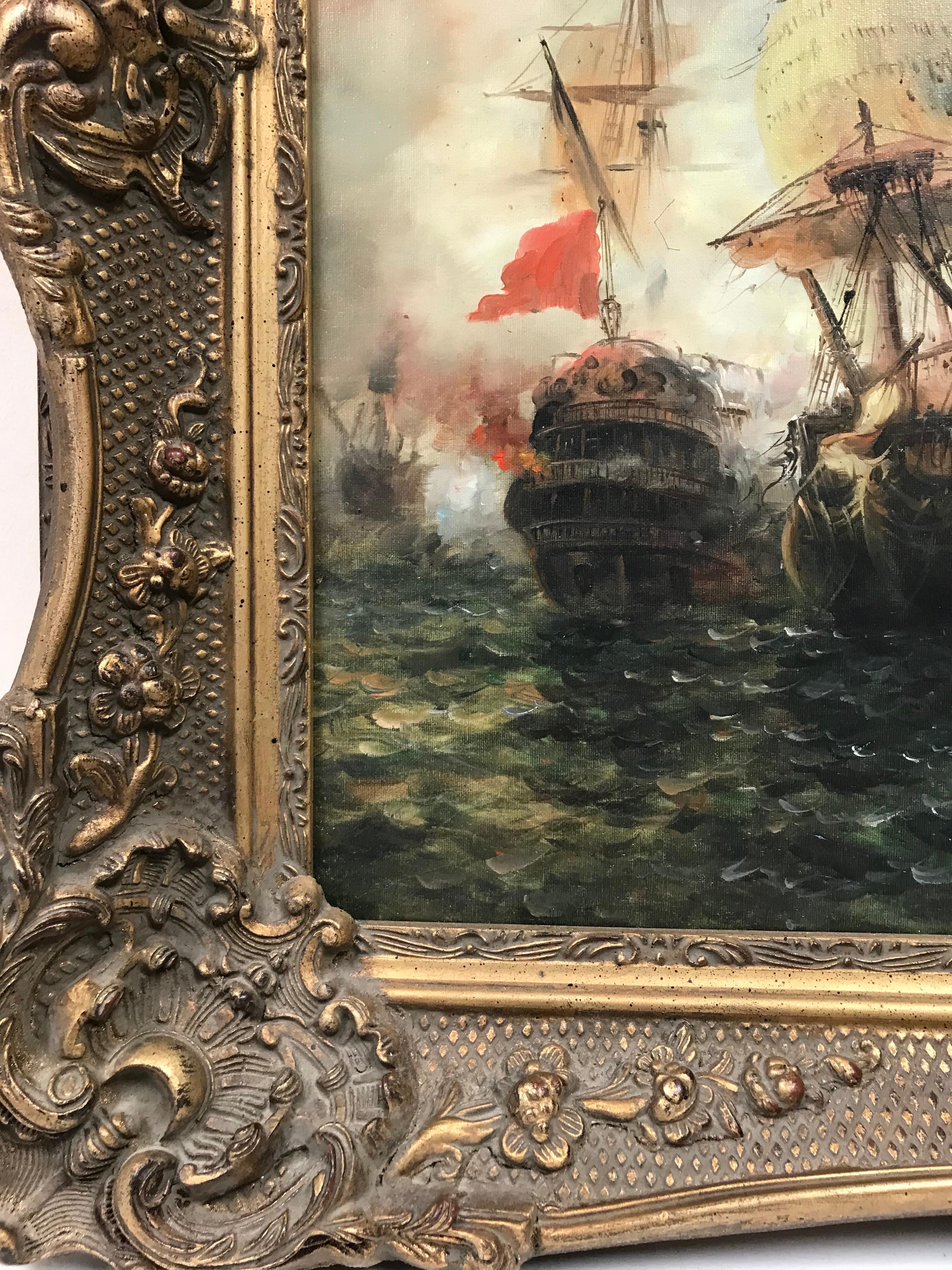 Dramatic Naval Battle at Sea, Marine Oil Painting Impressive Gilt Swept Frame 1
