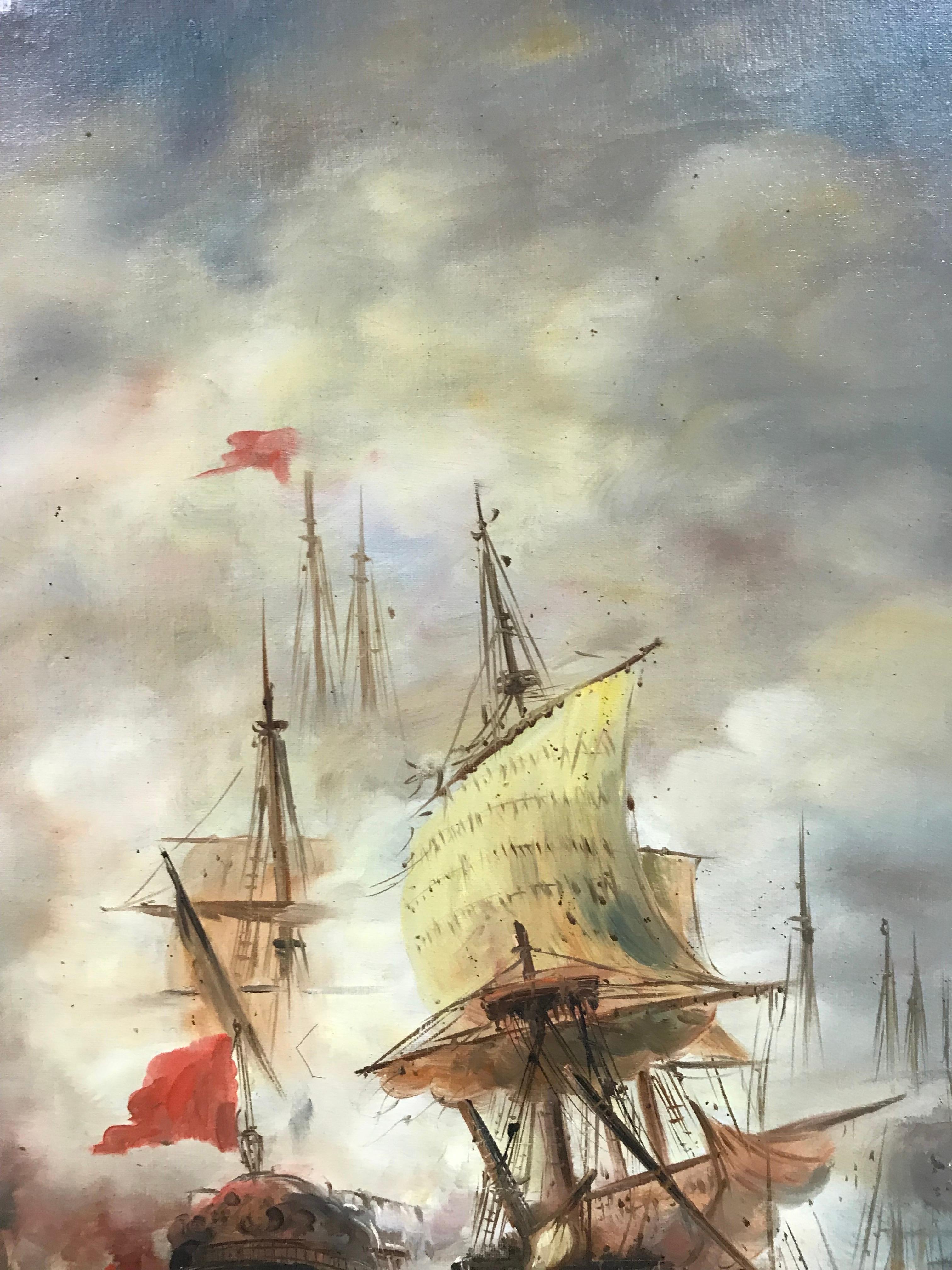 Dramatic Naval Battle at Sea, Marine Oil Painting Impressive Gilt Swept Frame 2