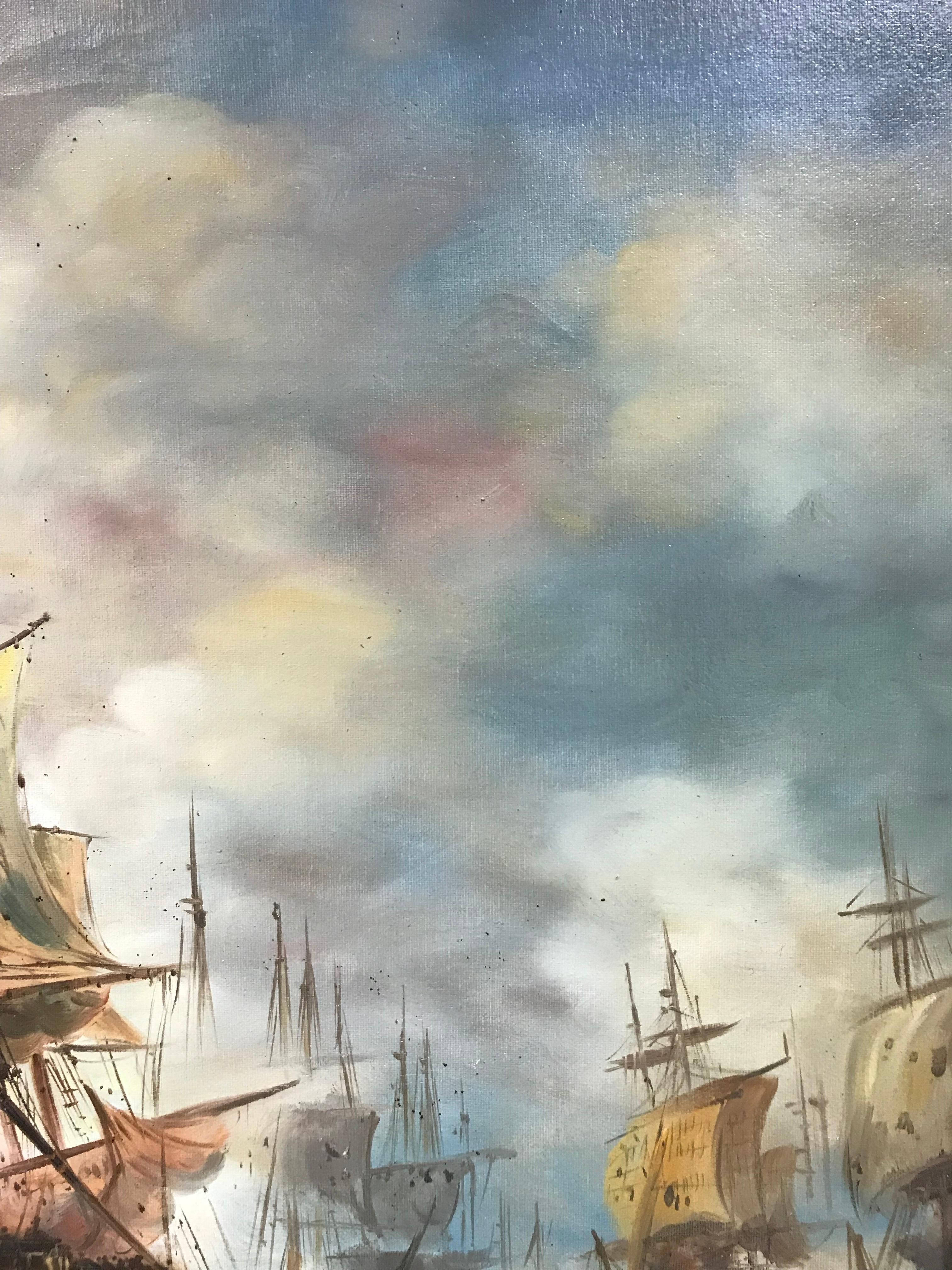 Dramatic Naval Battle at Sea, Marine Oil Painting Impressive Gilt Swept Frame 3