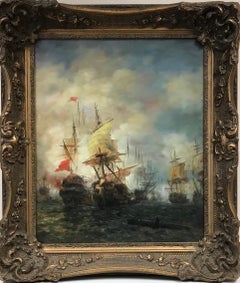 Dramatic Naval Battle at Sea, Marine Oil Painting Impressive Gilt Swept Frame