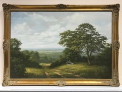 Large British Signed Oil Painting, Family Enjoying Picnic in Panoramic Landscape