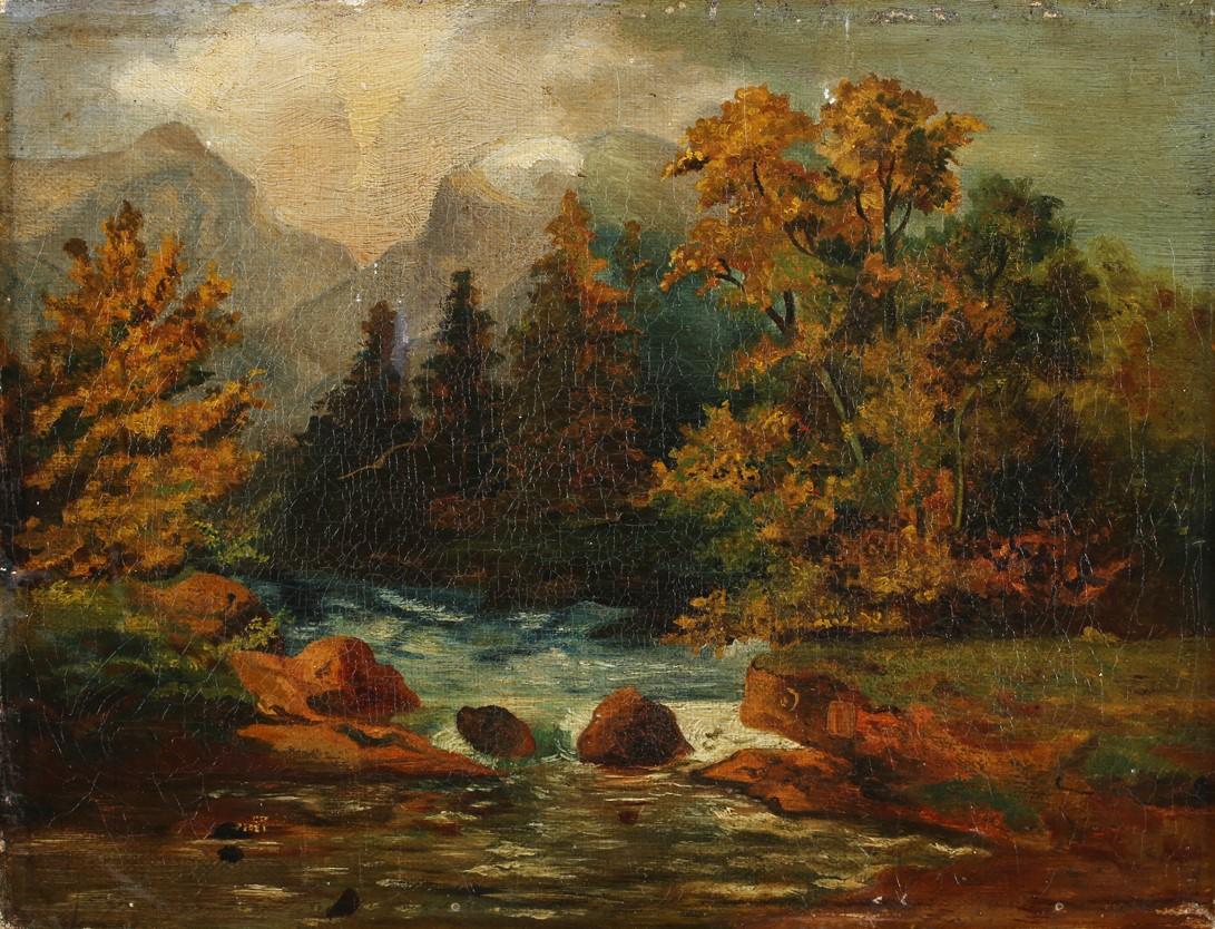 British School Landscape Painting - Antique Scottish Highlands Autumn Trees Landscape Oil Painting on Canvas