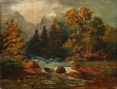 Antique Scottish Highlands Autumn Trees Landscape Oil Painting on Canvas