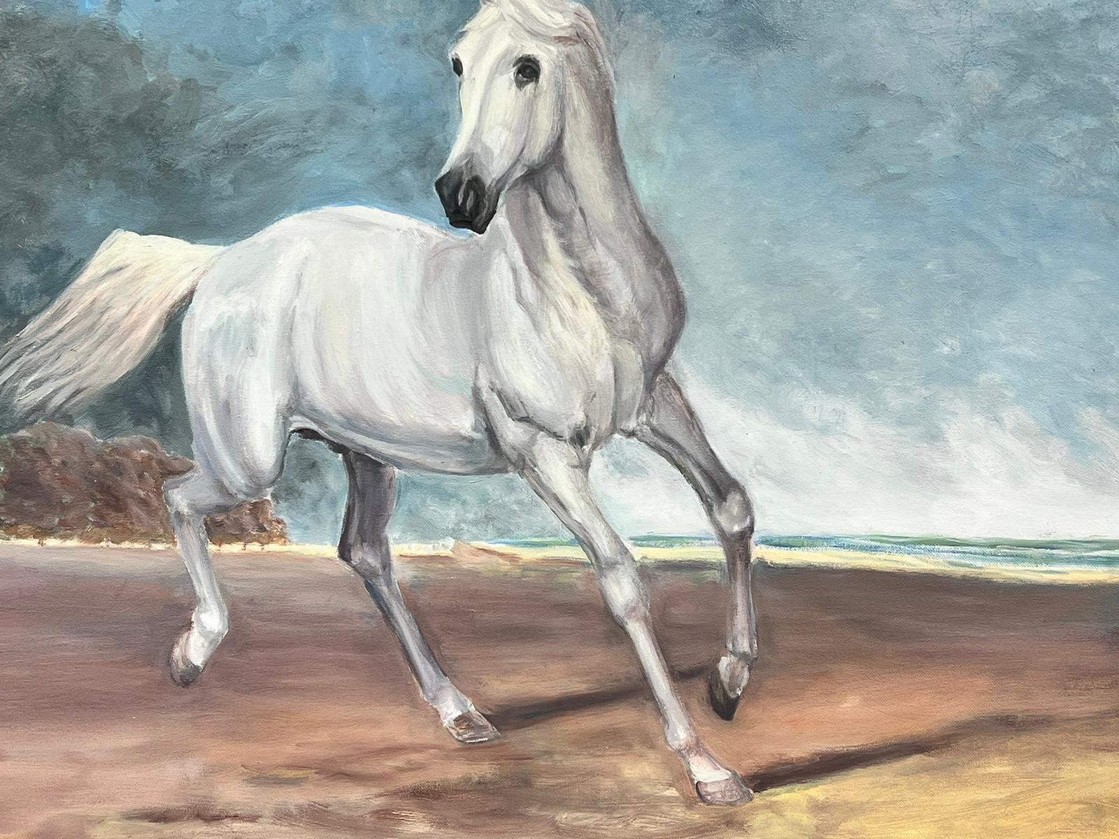 Arabian White Horse prancing in Landscape, huge original oil painting - Painting by British School