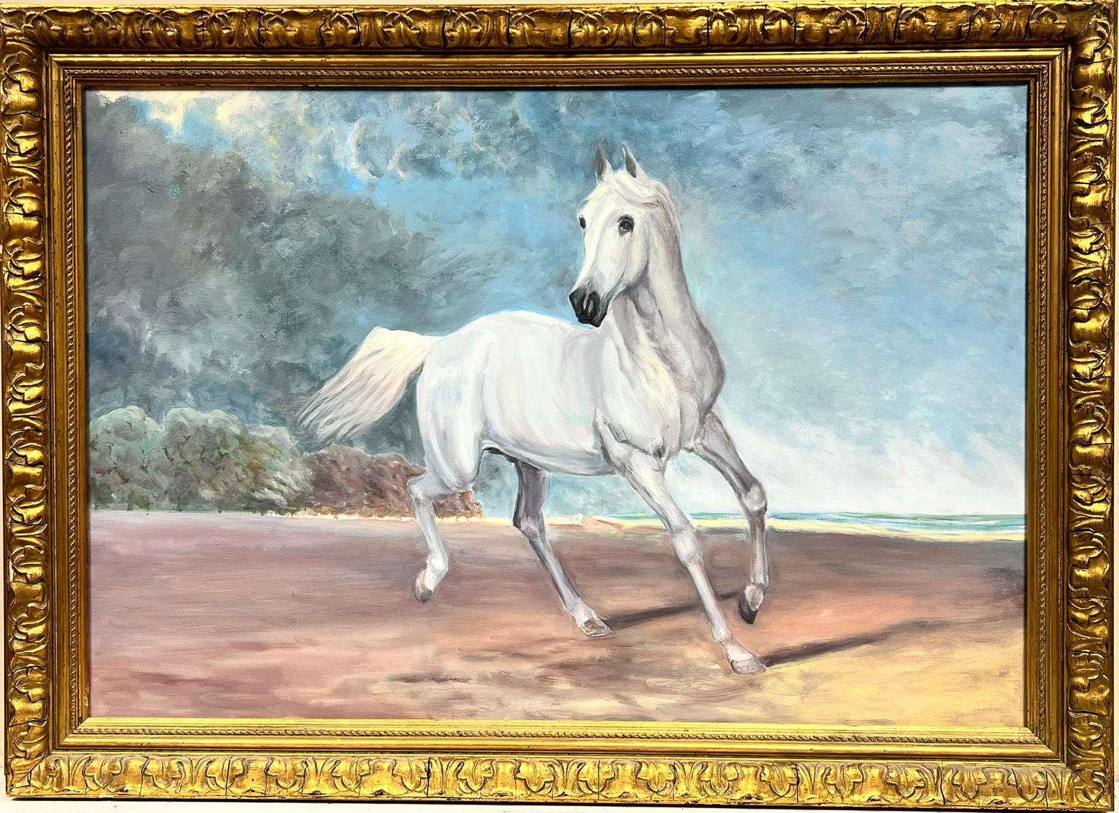 British School Landscape Painting - Arabian White Horse prancing in Landscape, huge original oil painting