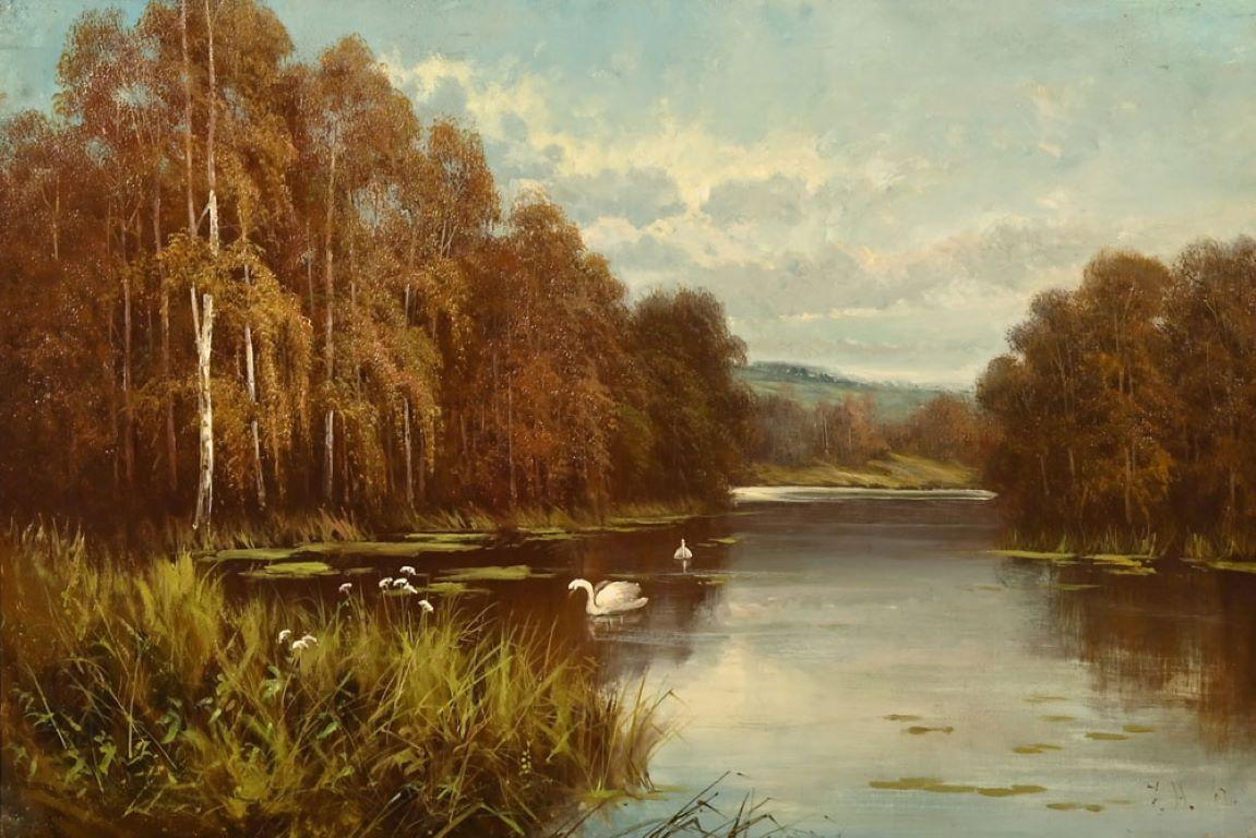 Large Victorian Oil Tranquil River Landscape Swans on the River Autumnal Trees - Painting by British School