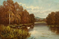 Large Victorian Oil Tranquil River Landscape Swans on the River Autumnal Trees
