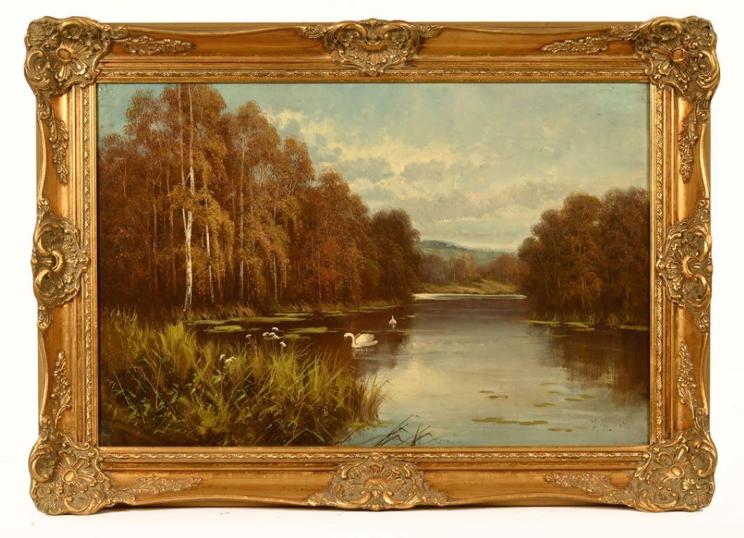 Großes viktorianisches Ölgemälde Tranquil River Landschaft Schwäne auf dem Fluss Herbstbäume