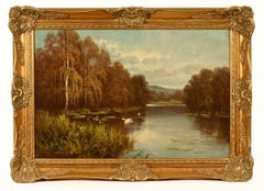 Large Victorian Oil Tranquil River Landscape Swans on the River Autumnal Trees