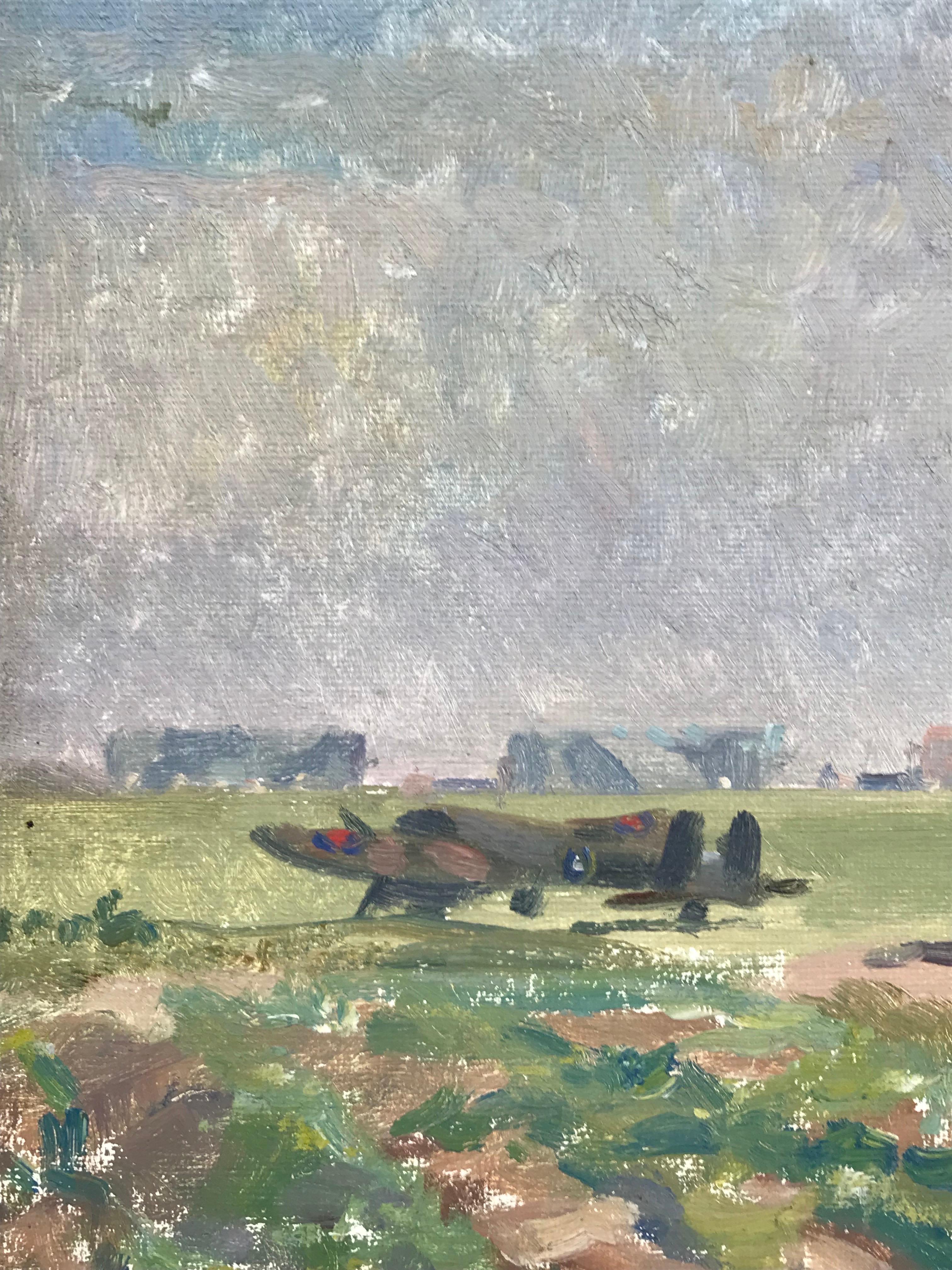 Mid Century British Oil Painting - WW2 Plane in Field - Spitfire? - Gray Landscape Painting by British School