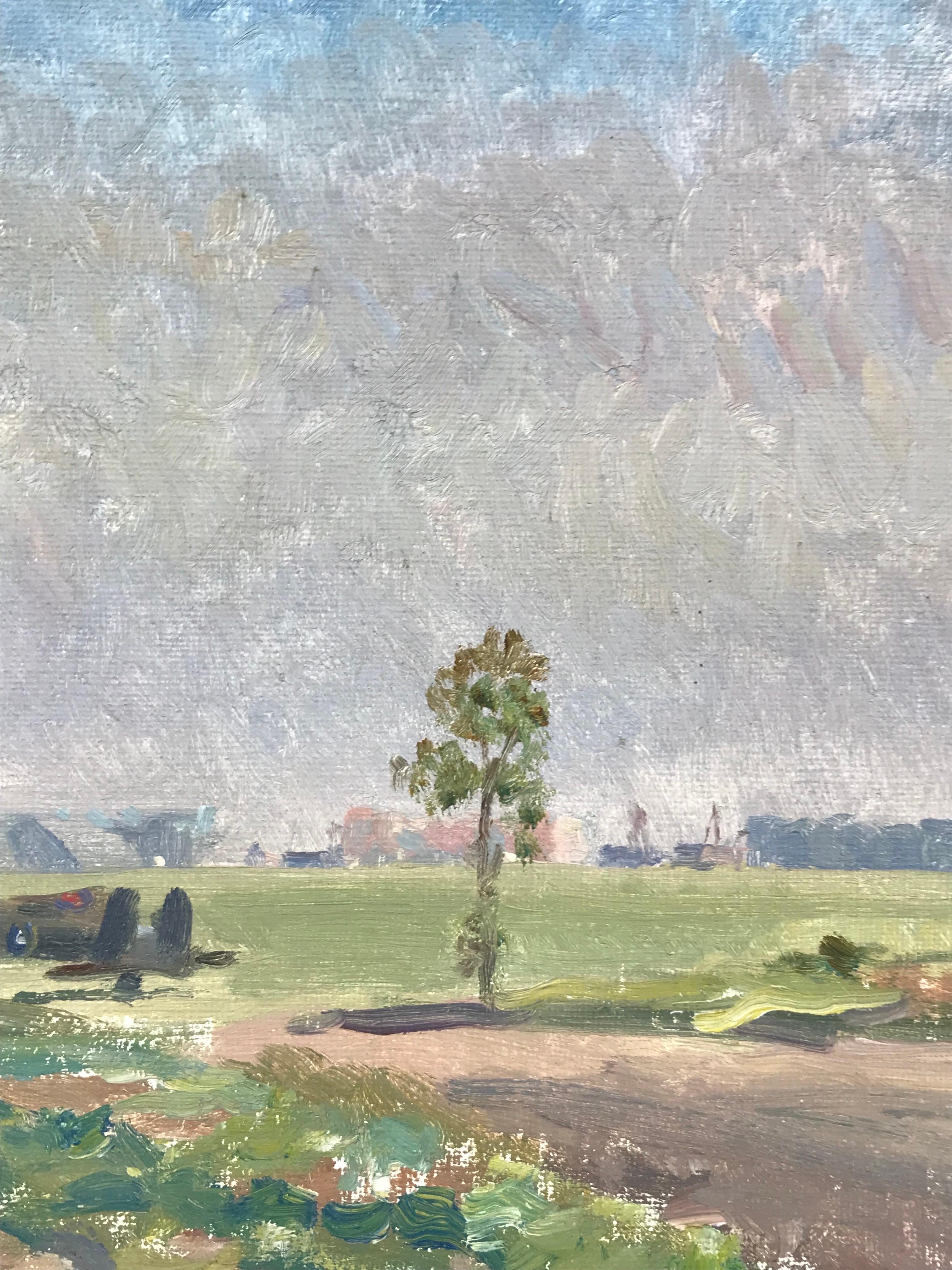 Artist: British School, mid 20th century

Title: Spitfire (?) plane in field

Medium: oil painting on board , unframed

Size: 10 x 14 inches

Condition: very good and presentable

Provenance: UK collection