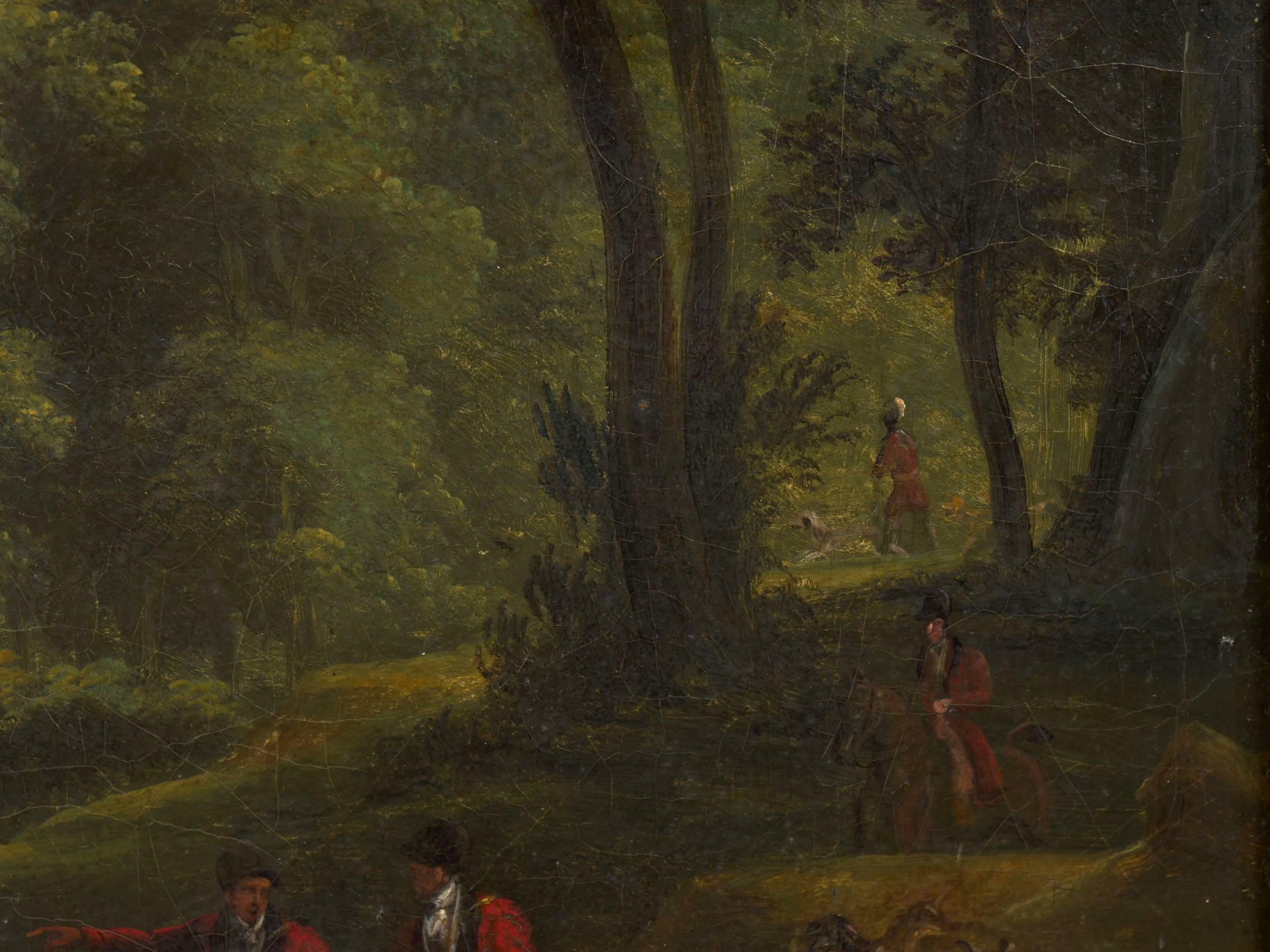 British School Antique Oil Landscape Painting of “A Hunting Party