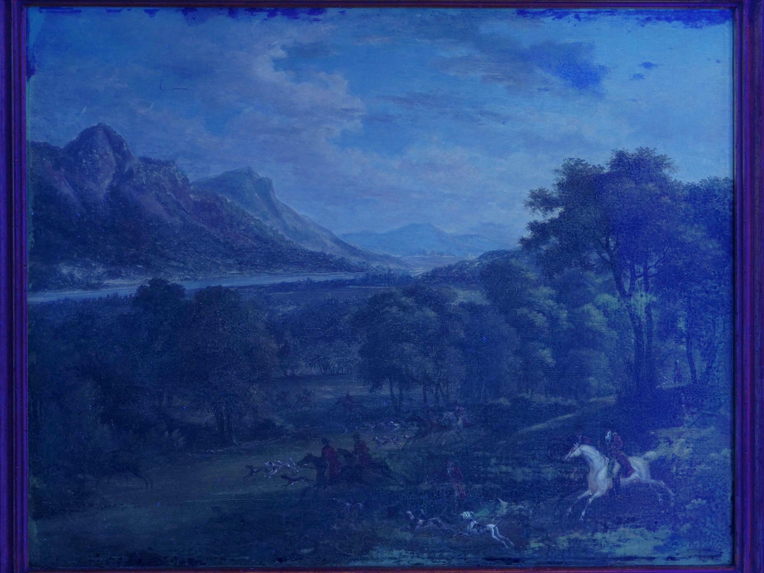 British School Antique Oil Landscape Painting of “A Hunting Party