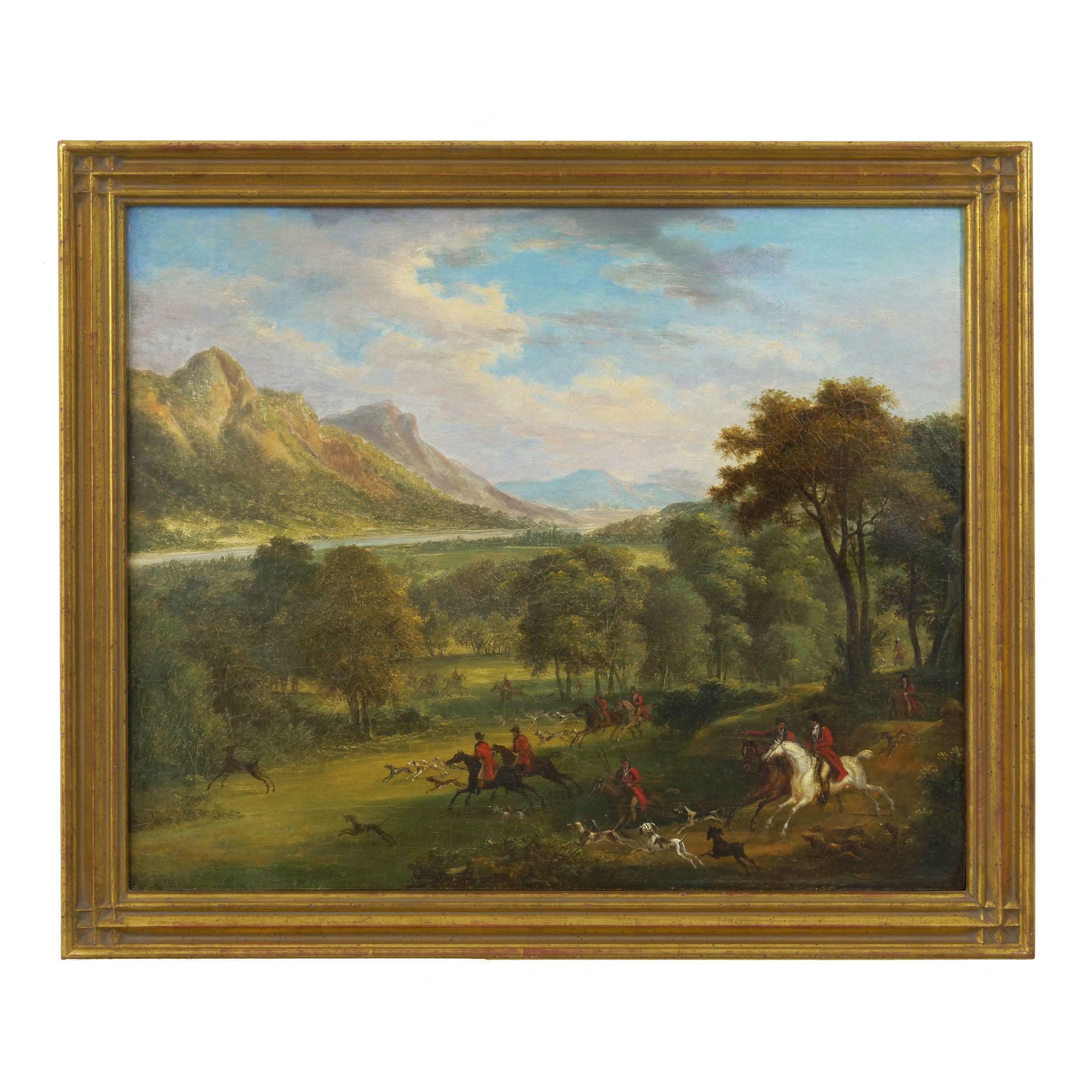 A fine sweeping landscape for being a relatively small work the detail throughout is simply outstanding. The painting depicts a large hunting party of riders and their mounts following the lead of their hounds as they follow a stag into the wooded