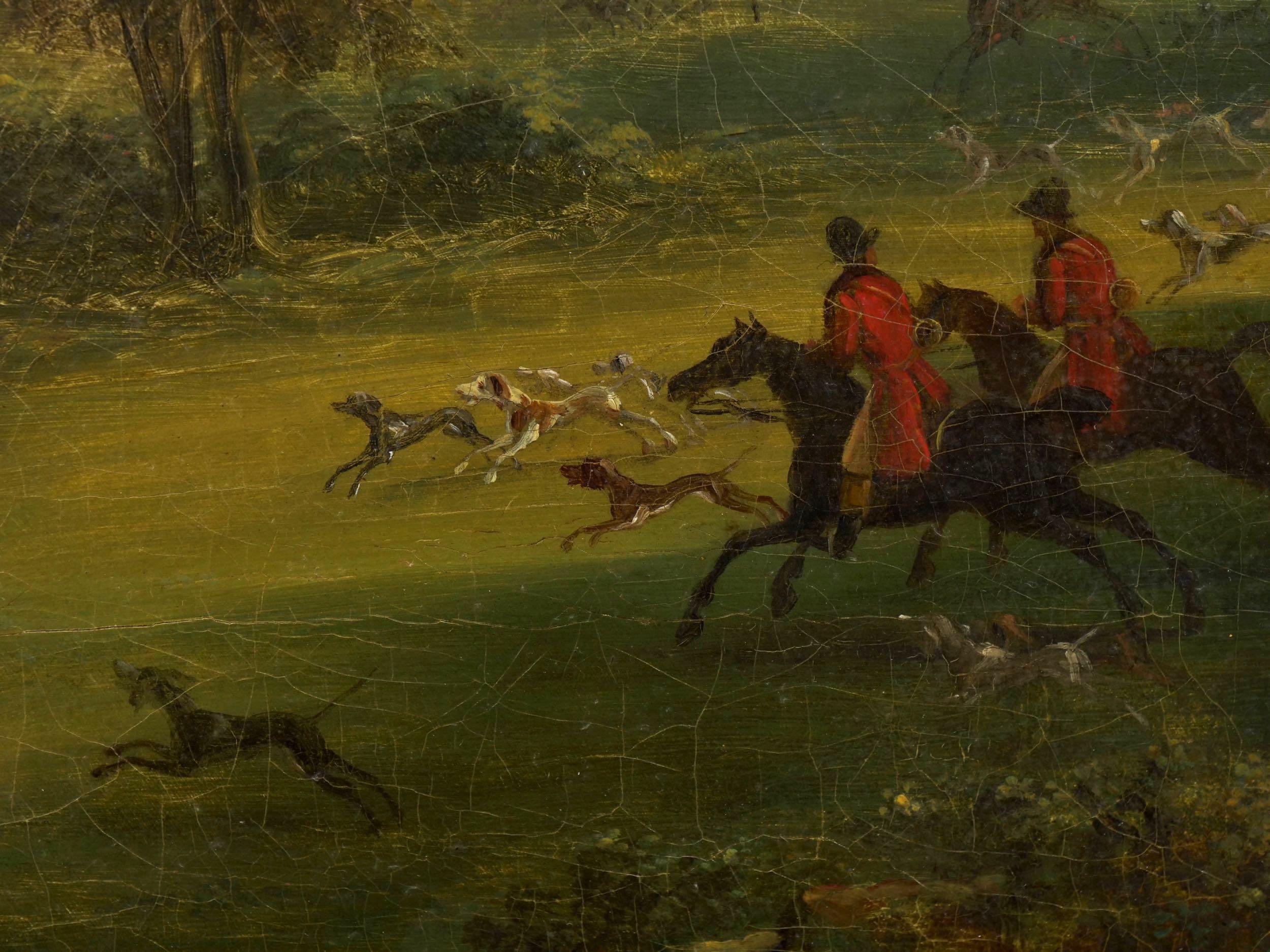19th Century British School Antique Oil Landscape Painting of “A Hunting Party