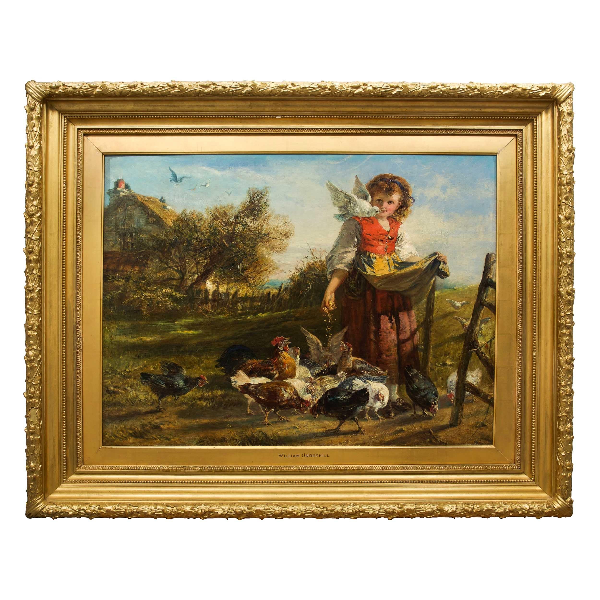 A wonderful nostalgic scene that depicts a young girl in the countryside on a farm surrounded by chickens that have gathered at her feet hungrily pecking at the grains she scatters for them. In the distance a few birds are making their way towards