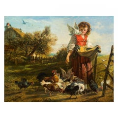 British School '19th Century' Antique Landscape Painting of "Feeding Chickens"