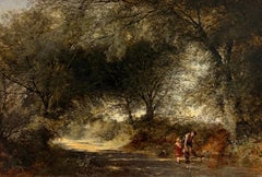 Fine Victorian Large Oil Painting Children by Woodland Stream English Landscape