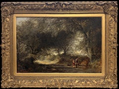 Fine Victorian Large Oil Painting Children by Woodland Stream English Landscape