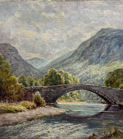 Antique British Oil Painting Borrowdale Lake District River Valley Cottages
