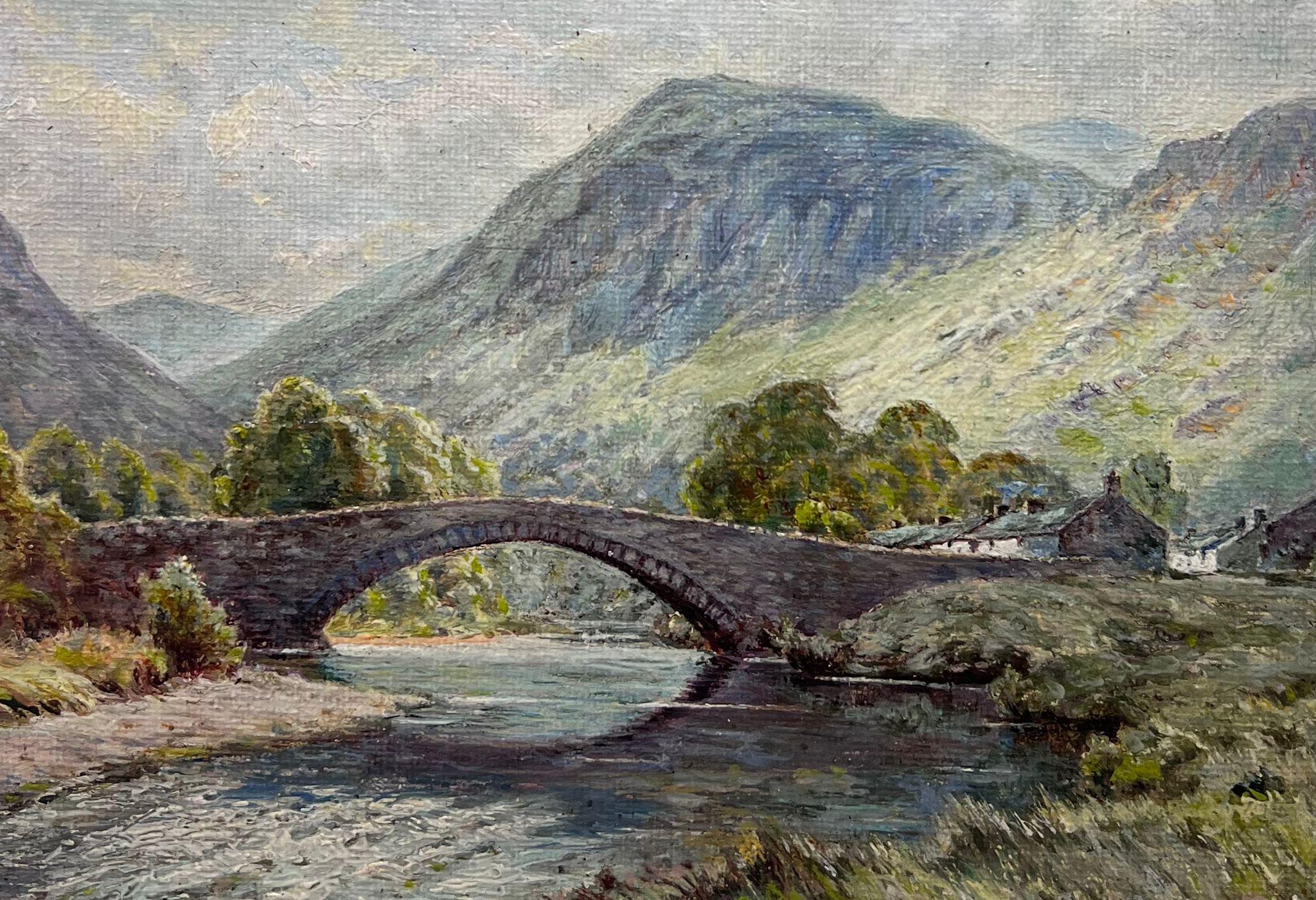 Antique British Oil Painting Borrowdale Lake District River Valley Cottages For Sale 1