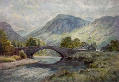 Ancienne peinture à l'huile britannique Borrowdale Lake District River Valley Cottages