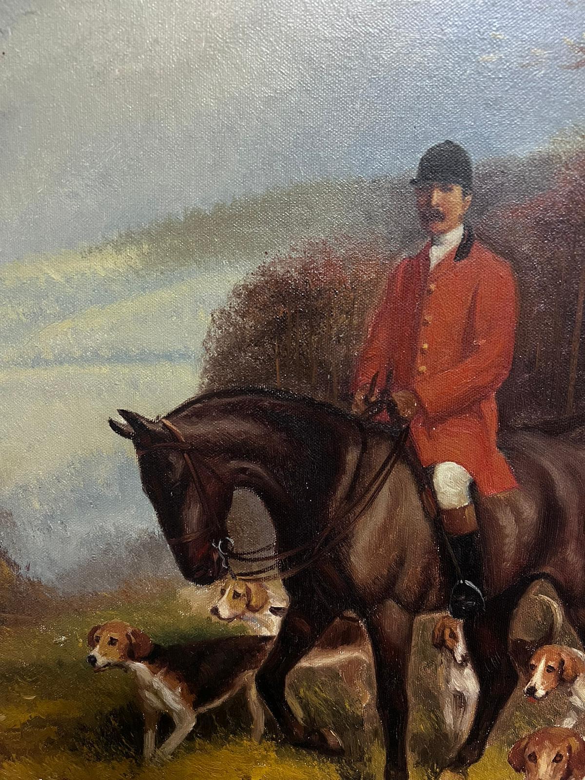 Huntsman and Hounds in English Countryside Signed Sporting Oil Painting For Sale 7