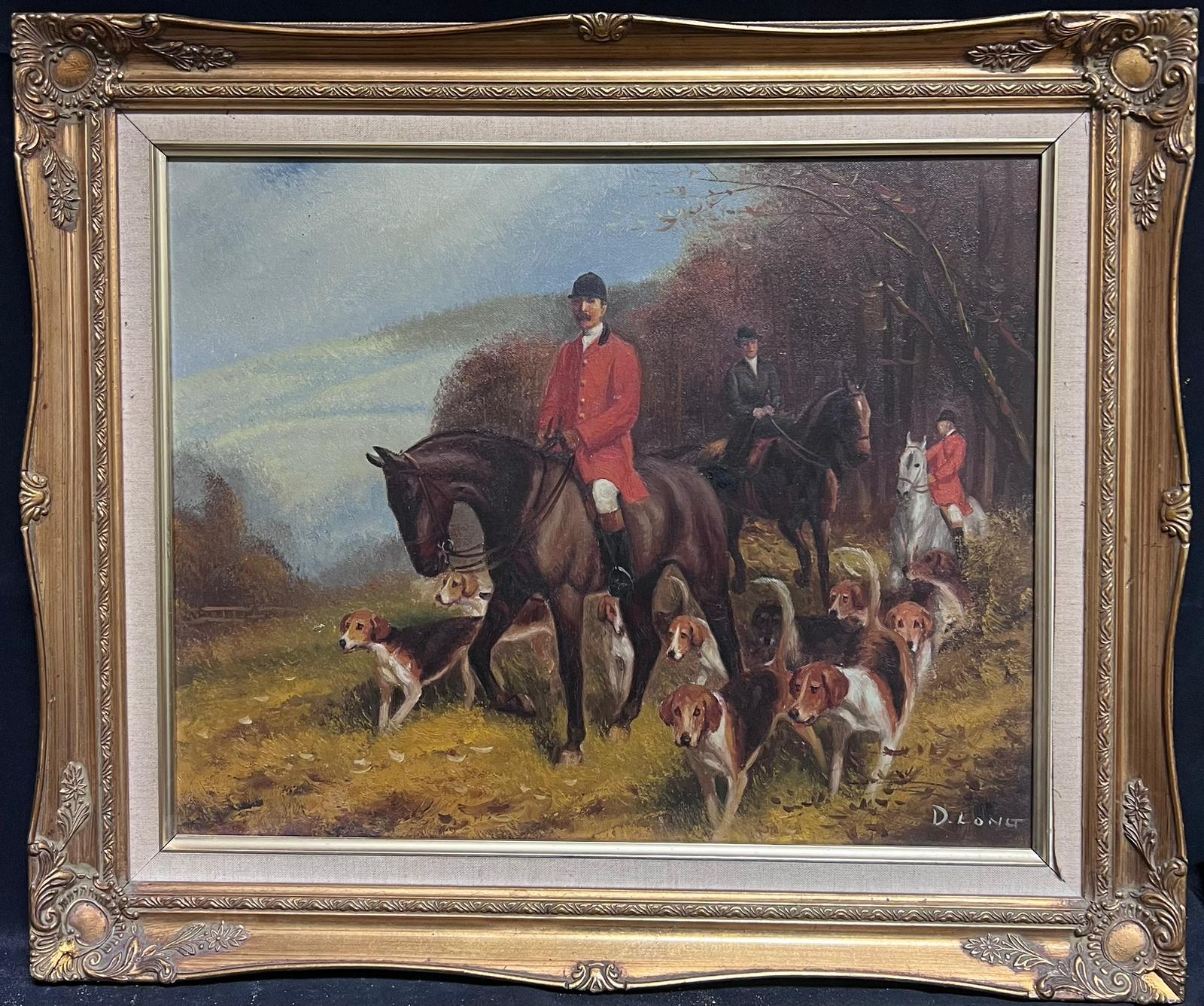 Huntsman and Hounds in English Countryside Signed Sporting Oil Painting - Gray Figurative Painting by British School