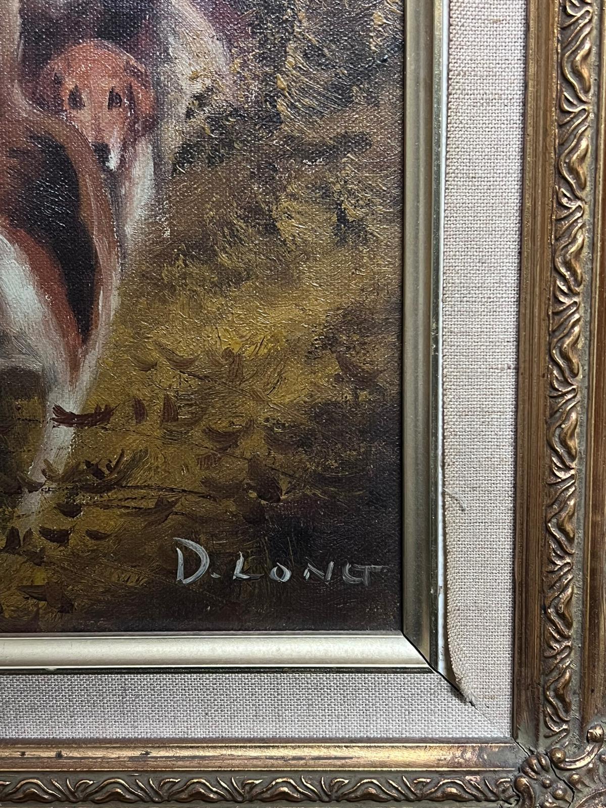 Cazador y sabuesos en la campiña inglesa Pintura al óleo deportiva firmada en venta 3