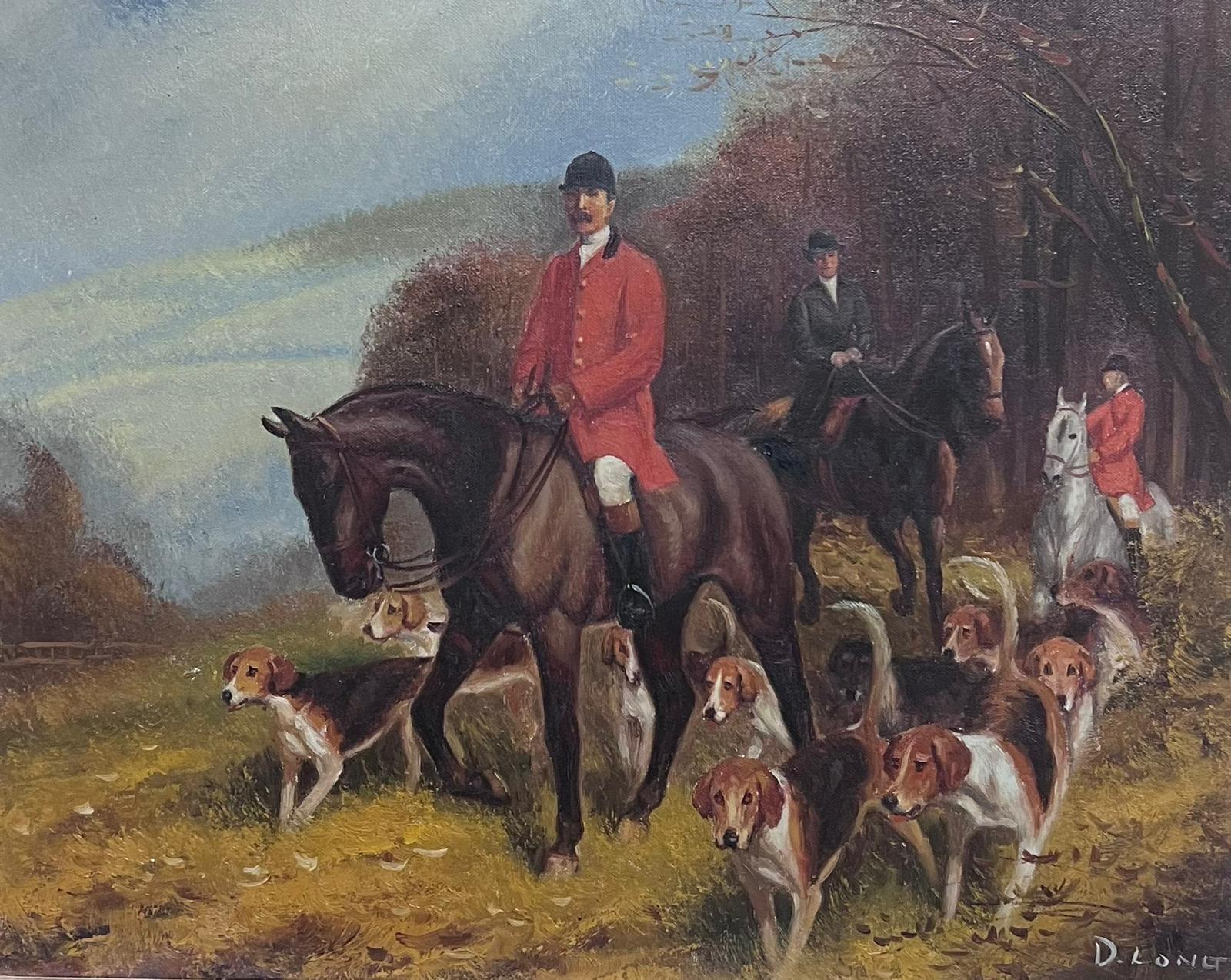 British School Figurative Painting - Huntsman and Hounds in English Countryside Signed Sporting Oil Painting