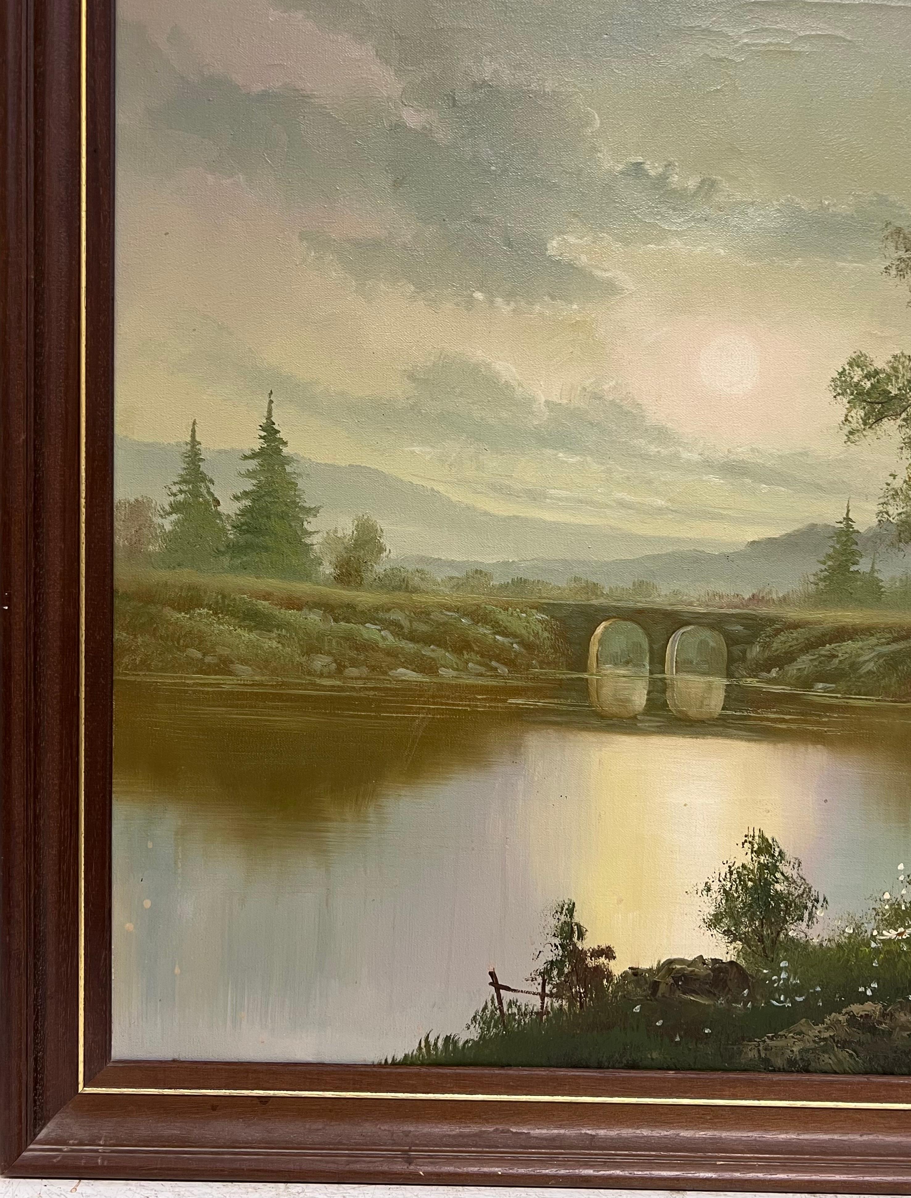 Large 20th Century British Signed Oil Atmospheric Misty Lake Landscape & Bridge For Sale 5