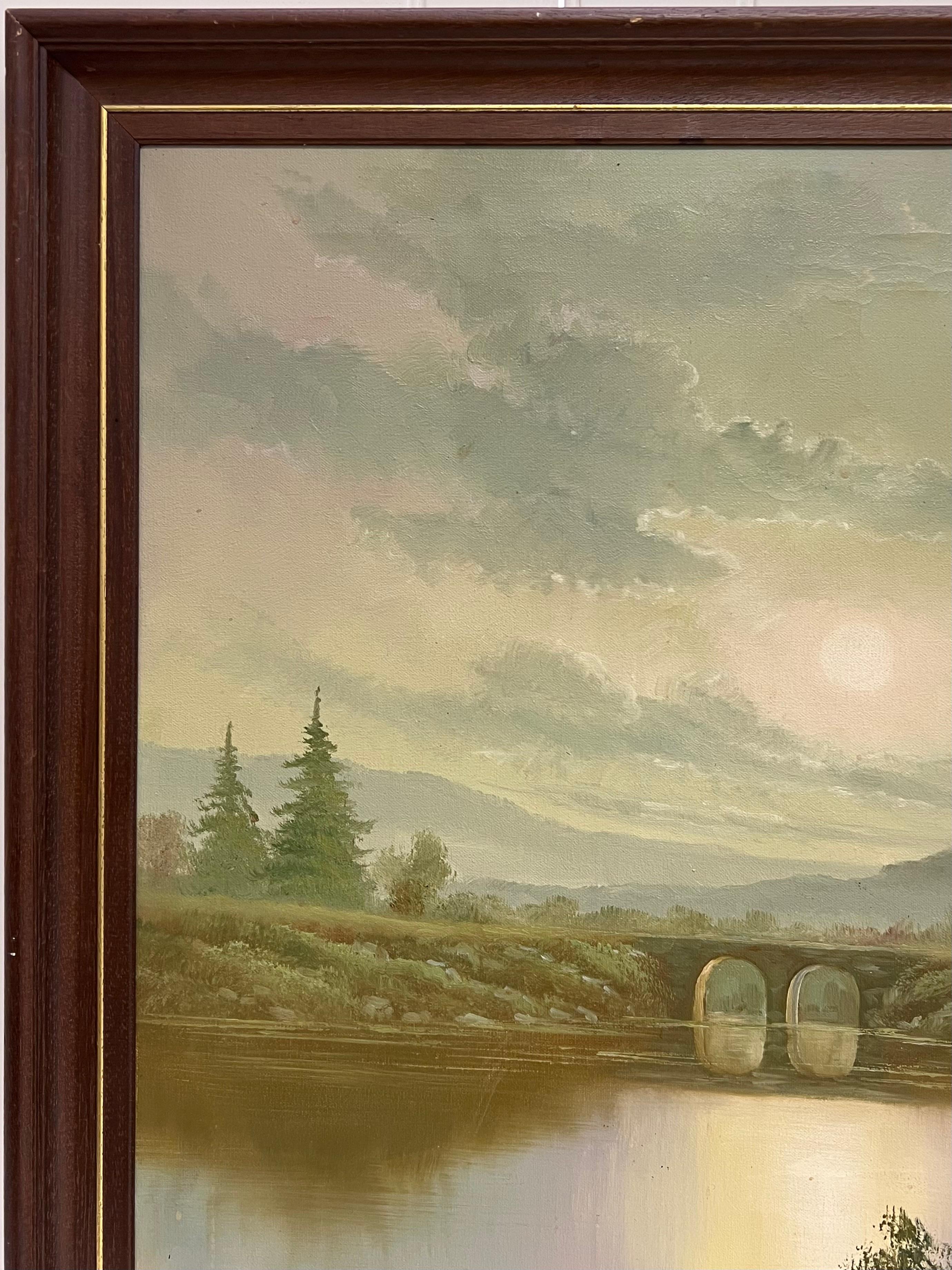 Large 20th Century British Signed Oil Atmospheric Misty Lake Landscape & Bridge For Sale 6
