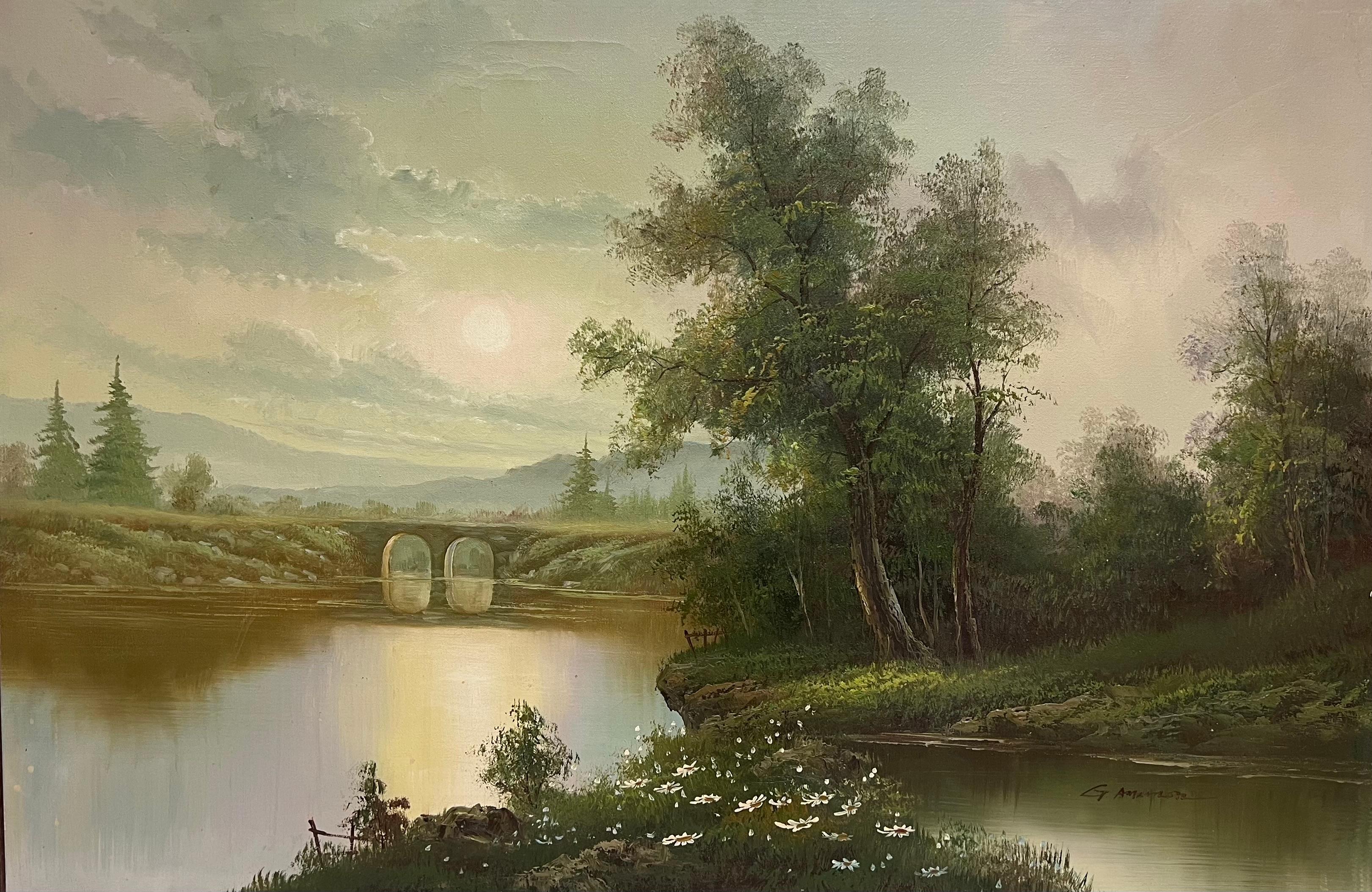 Large 20th Century British Signed Oil Atmospheric Misty Lake Landscape & Bridge - Painting by British School