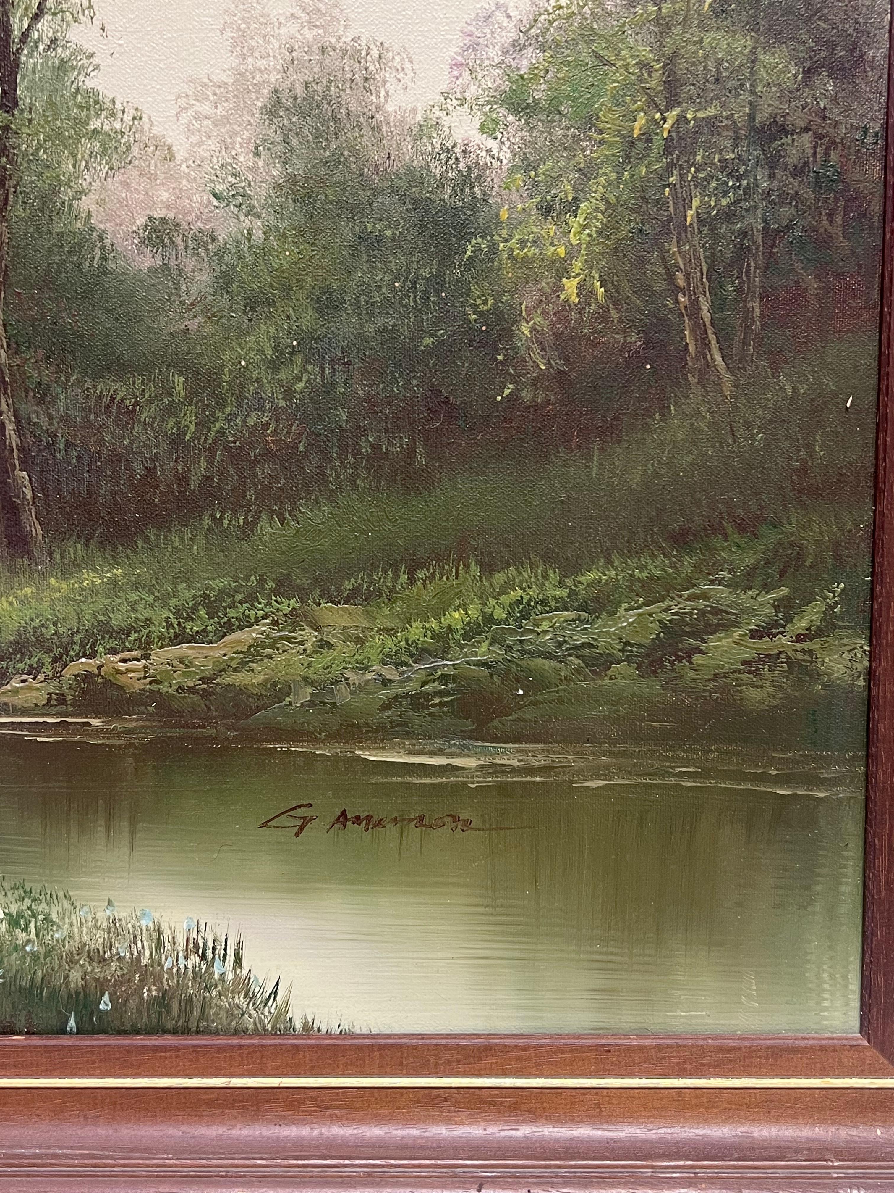 Large 20th Century British Signed Oil Atmospheric Misty Lake Landscape & Bridge - English School Painting by British School