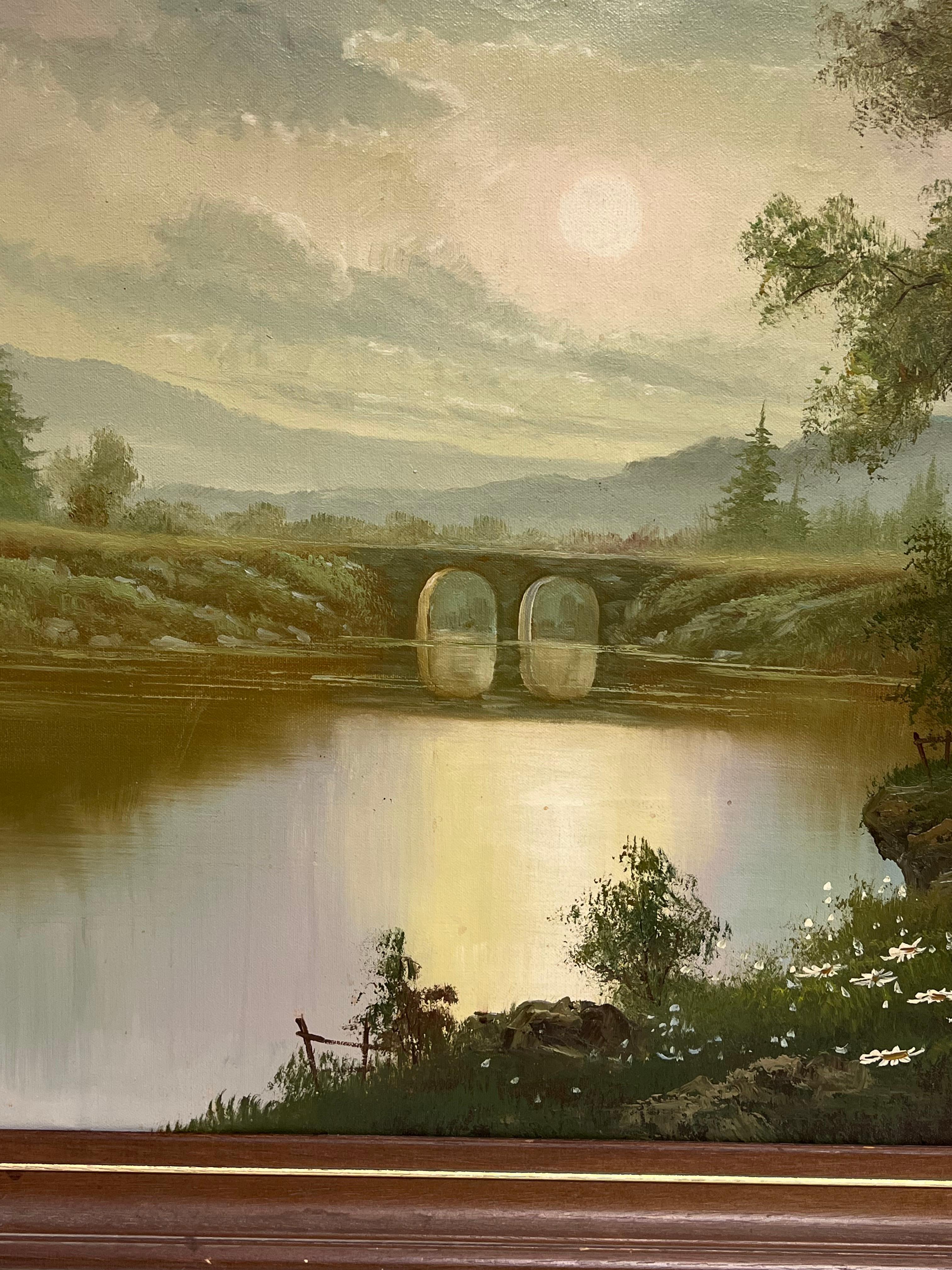 Large 20th Century British Signed Oil Atmospheric Misty Lake Landscape & Bridge - Brown Landscape Painting by British School