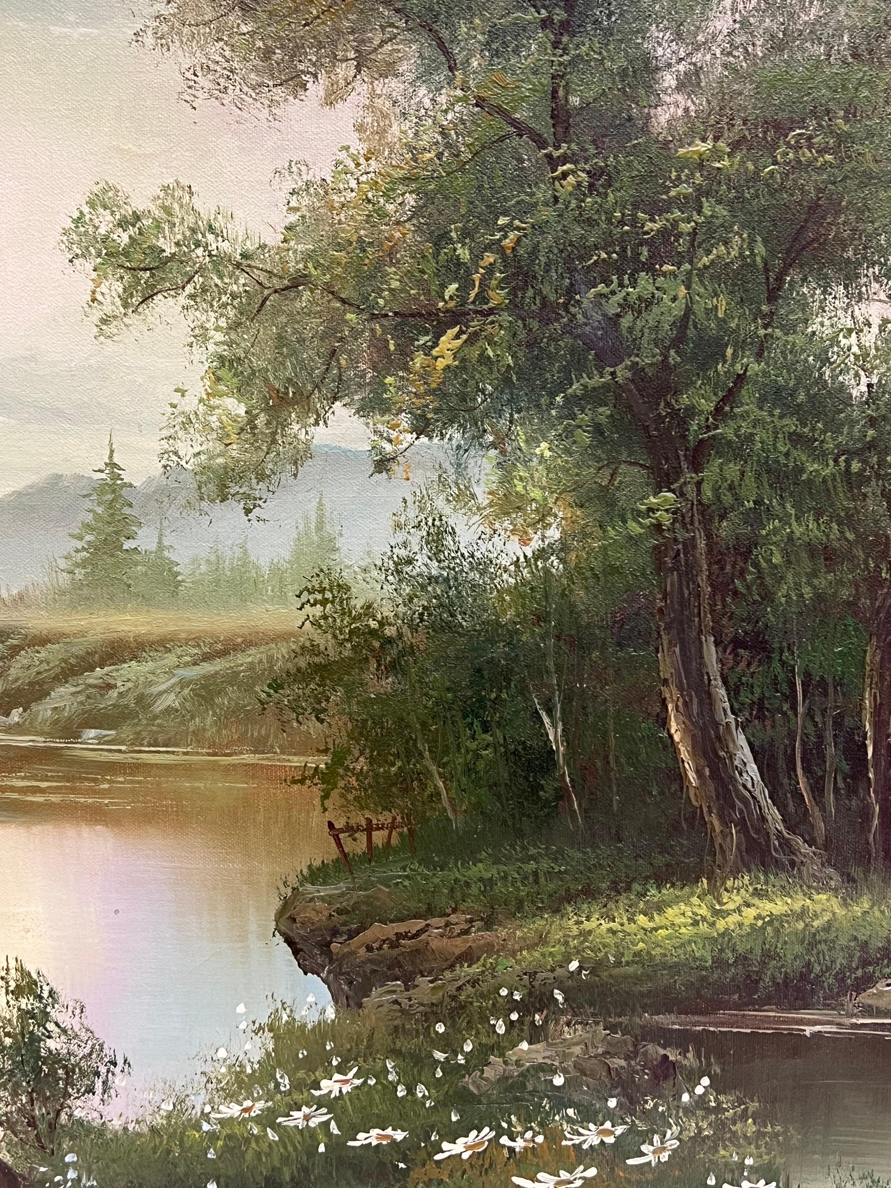 Large 20th Century British Signed Oil Atmospheric Misty Lake Landscape & Bridge For Sale 1