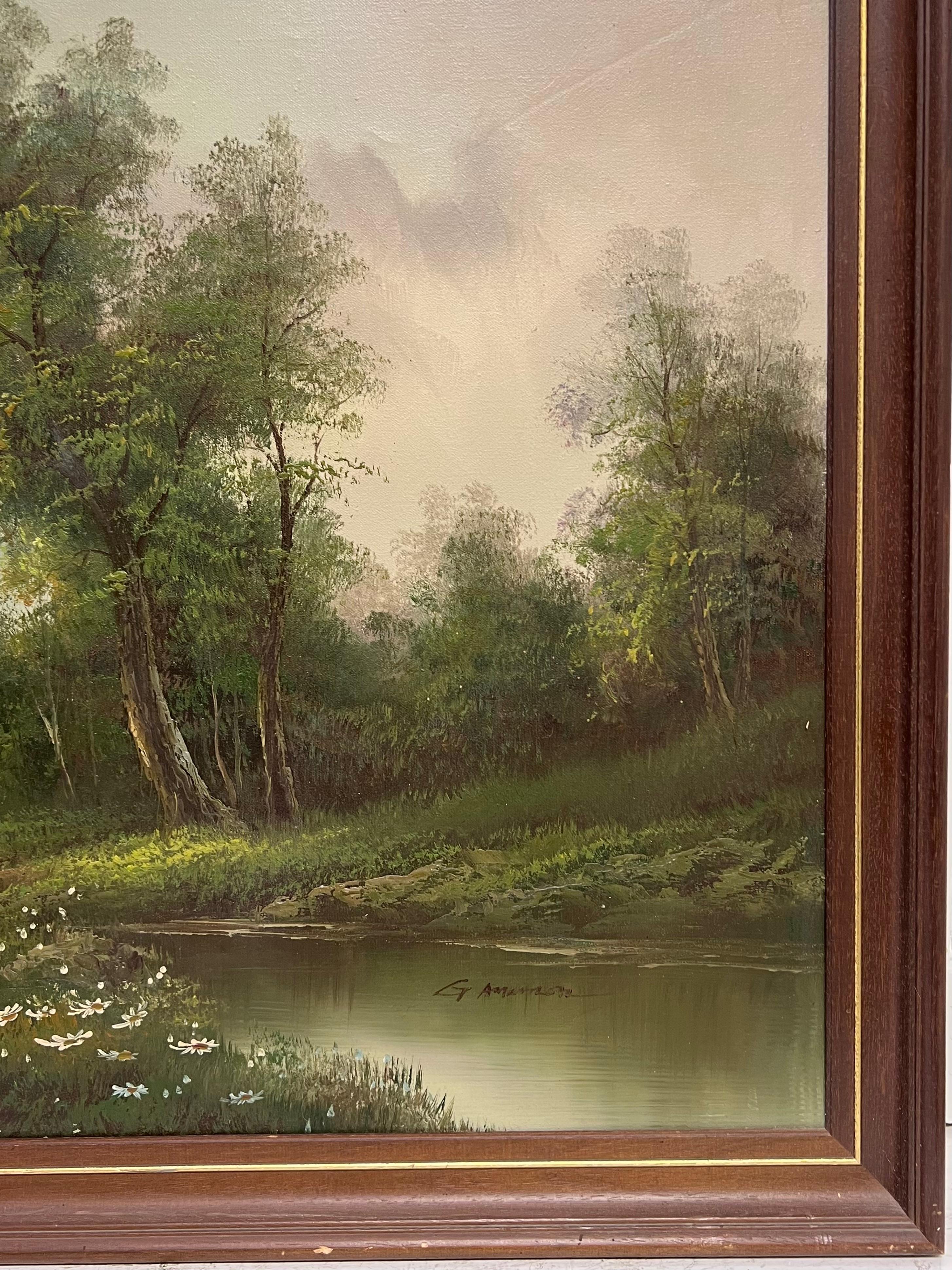 Large 20th Century British Signed Oil Atmospheric Misty Lake Landscape & Bridge For Sale 2