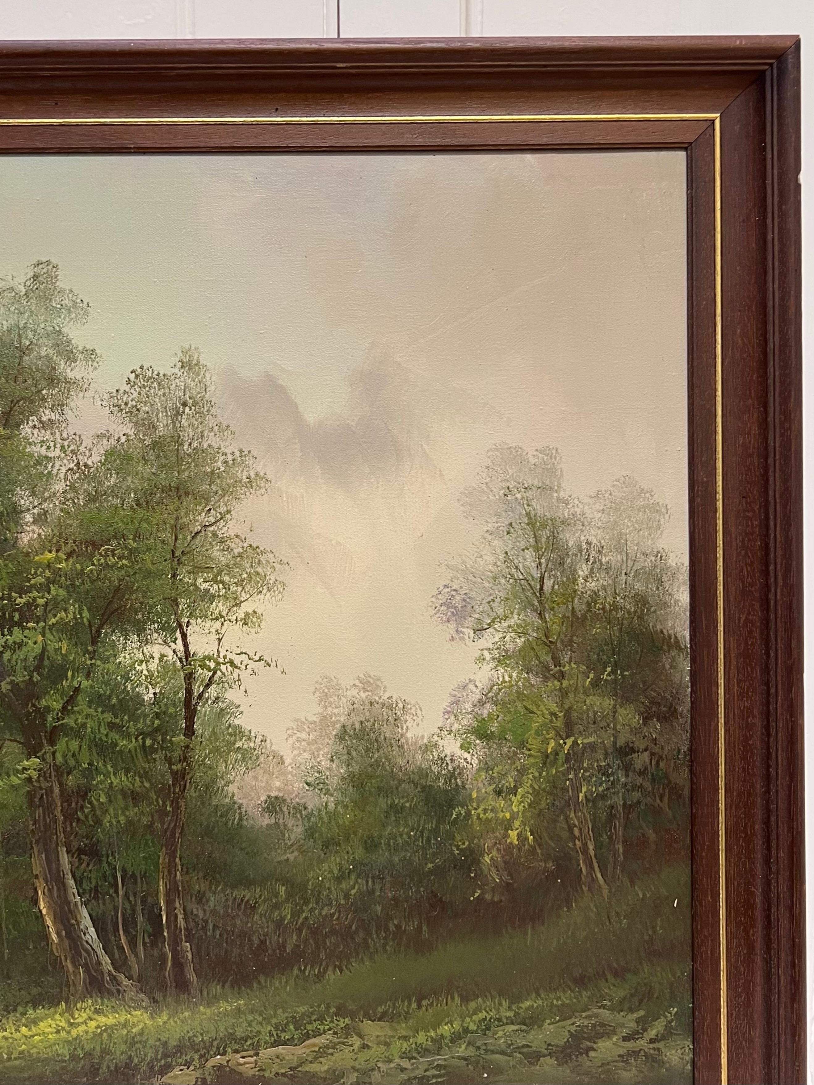 Large 20th Century British Signed Oil Atmospheric Misty Lake Landscape & Bridge For Sale 3