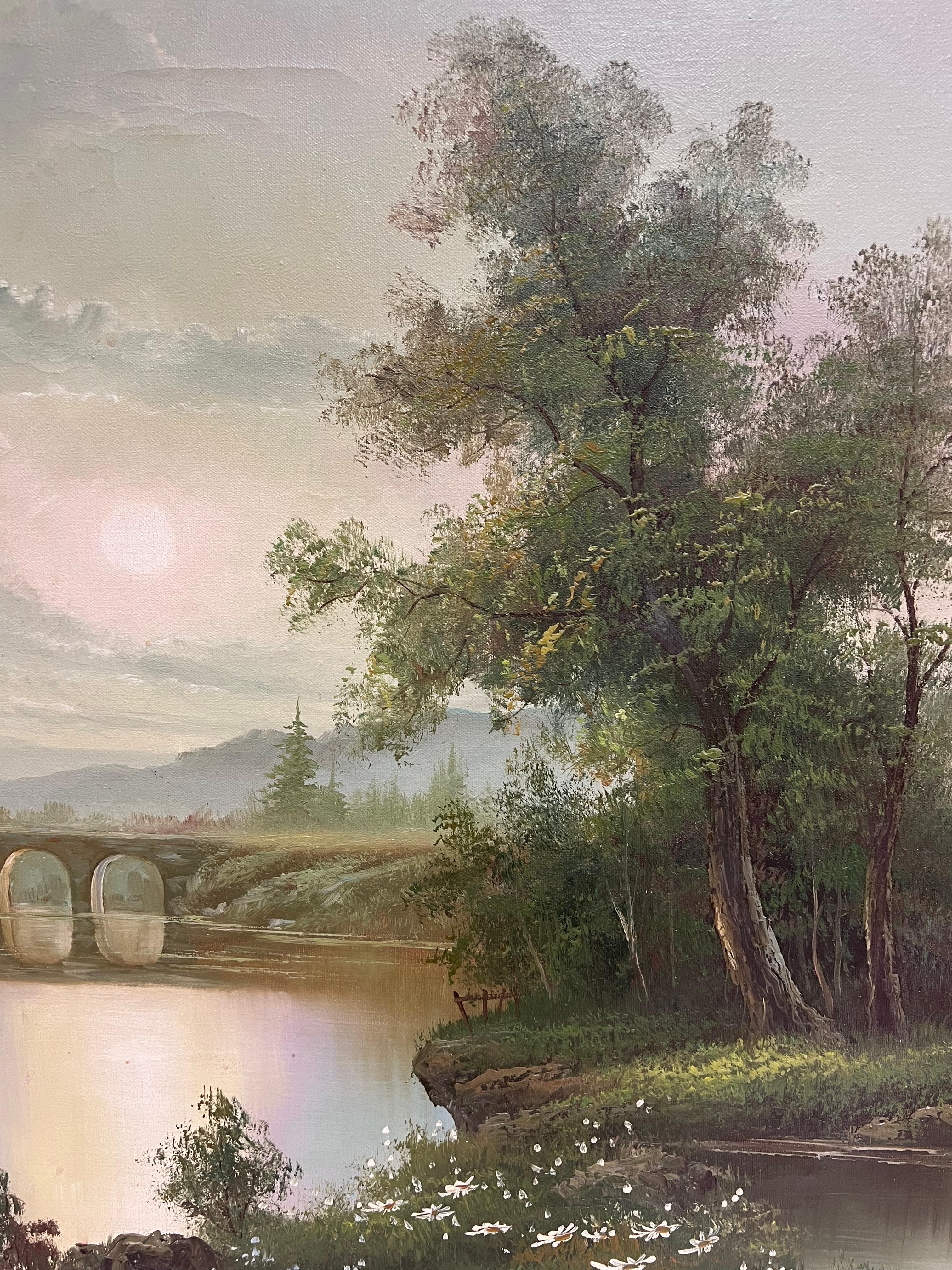 Large 20th Century British Signed Oil Atmospheric Misty Lake Landscape & Bridge For Sale 4