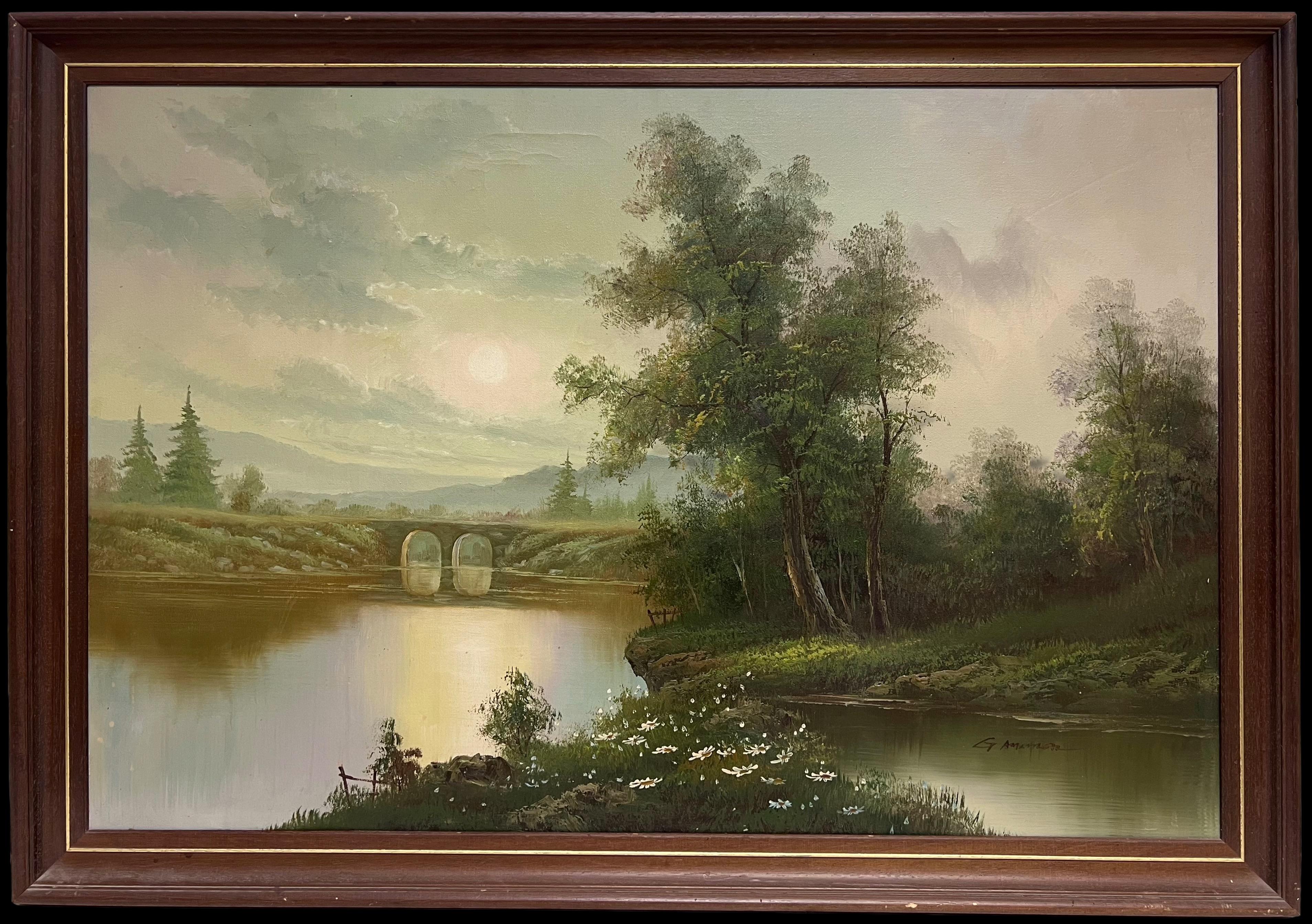 British School Landscape Painting - Large 20th Century British Signed Oil Atmospheric Misty Lake Landscape & Bridge