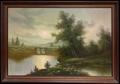 Vintage Large 20th Century British Signed Oil Atmospheric Misty Lake Landscape & Bridge