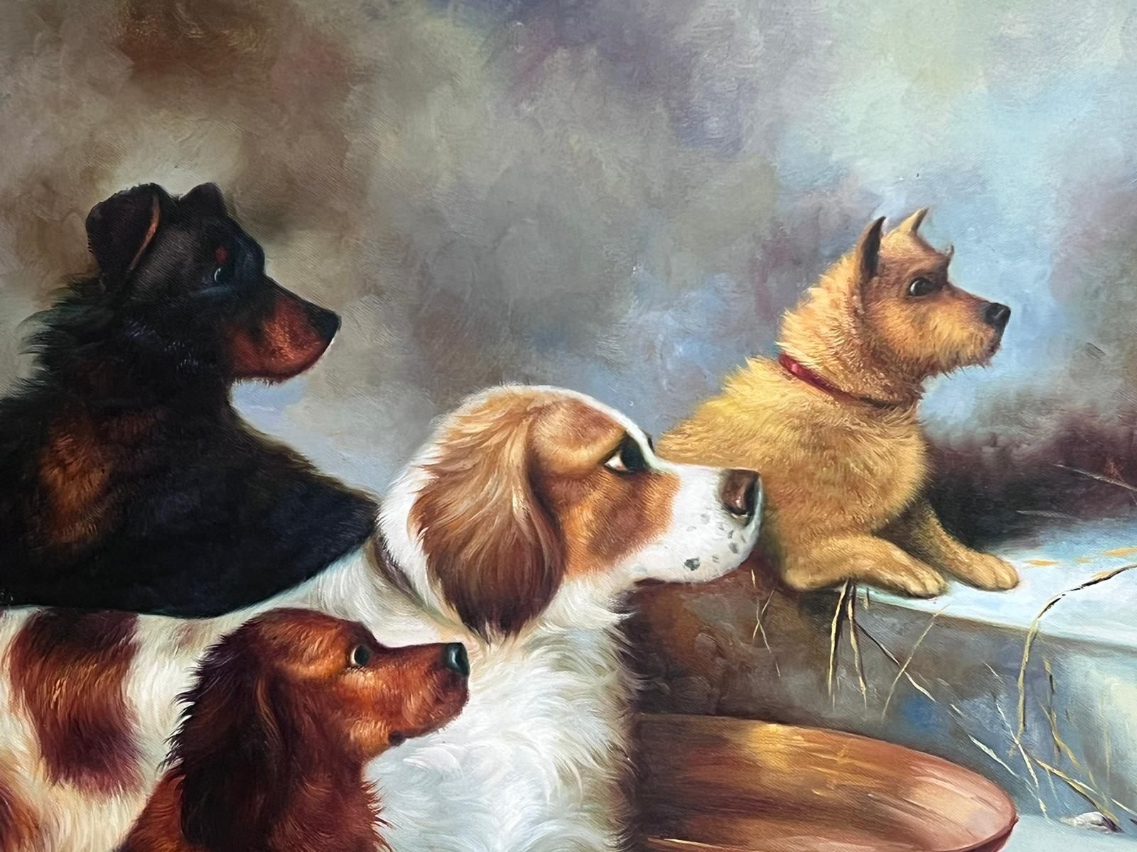 Large British Oil Painting Gathering of Dogs in Barn Interior Huge Gilt Frame 9